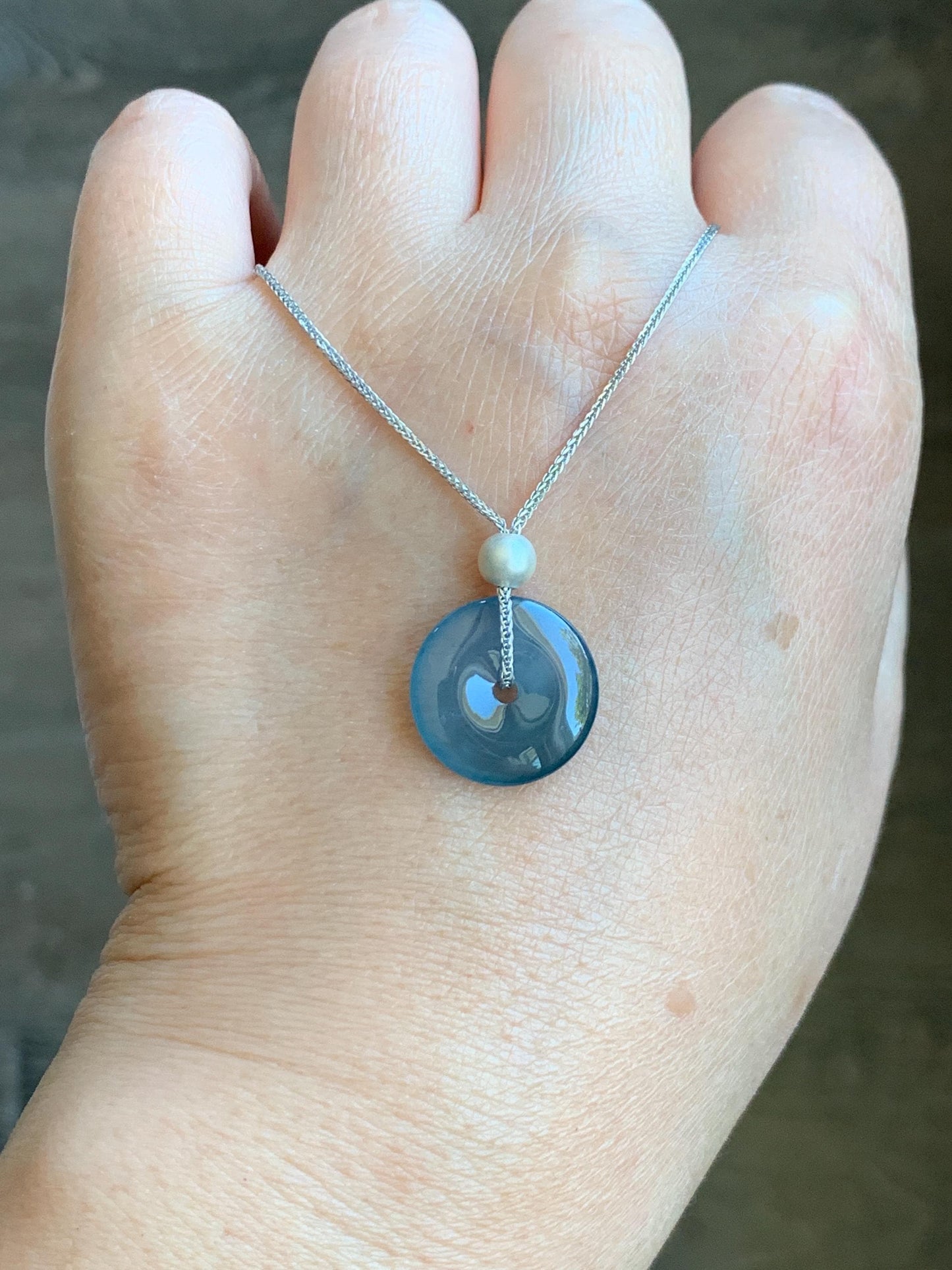 Natural Guatemalan Icy Translucent Dark Blue Jade Jadeite Ping An Kou Donut Pendant Sterling Silver Necklace 16” 天然老种冰危蓝紫翡翠平安扣吊坠项链 MWK130A
