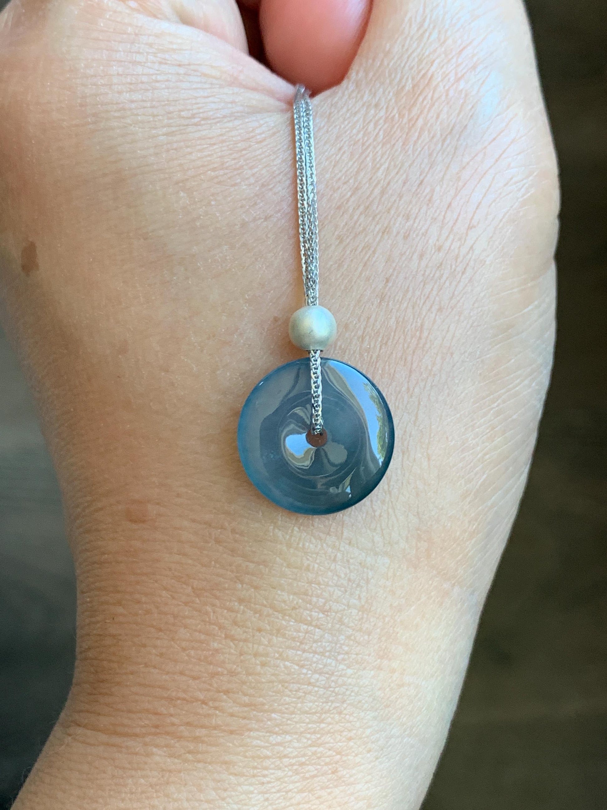 Natural Guatemalan Icy Translucent Dark Blue Jade Jadeite Ping An Kou Donut Pendant Sterling Silver Necklace 16” 天然老种冰危蓝紫翡翠平安扣吊坠项链 MWK130A