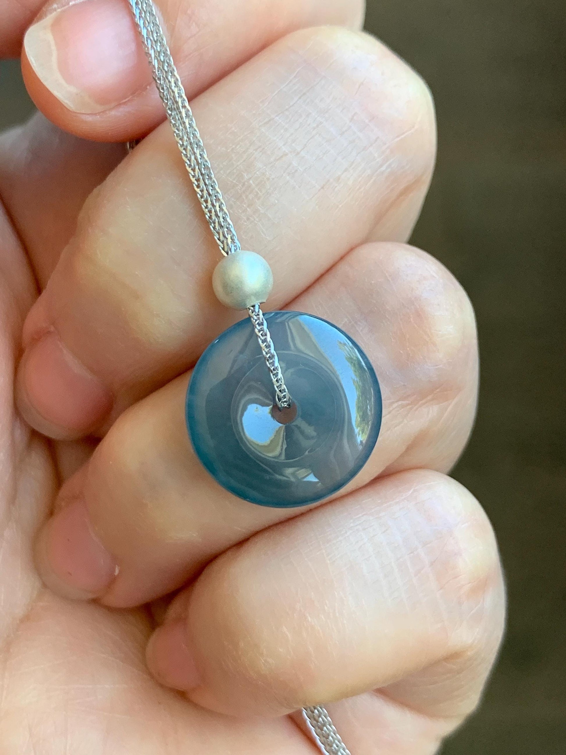 Natural Guatemalan Icy Translucent Dark Blue Jade Jadeite Ping An Kou Donut Pendant Sterling Silver Necklace 16” 天然老种冰危蓝紫翡翠平安扣吊坠项链 MWK130A