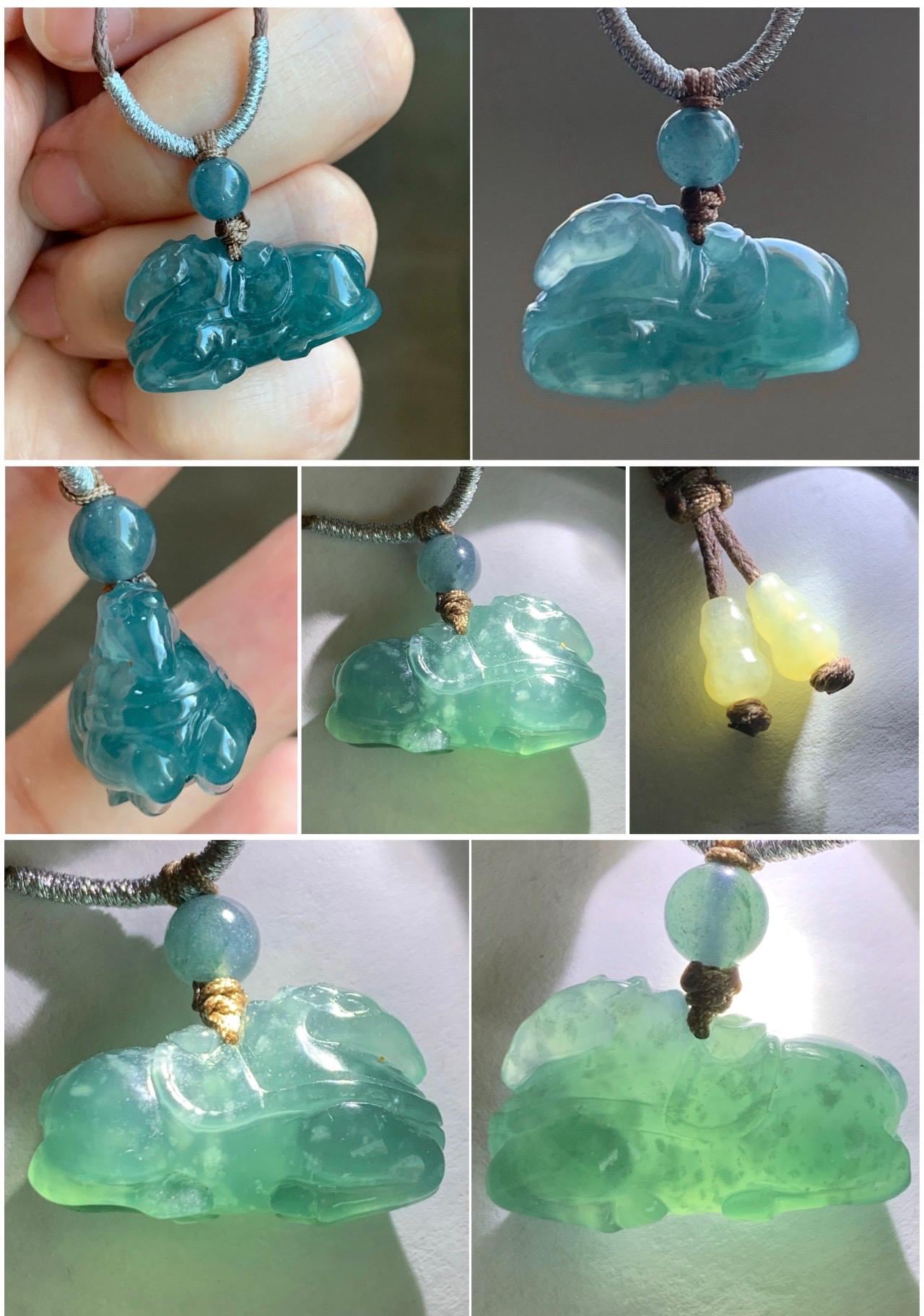 Natural Grade A Guatemalan Icy Translucent Teal Blue Jadeite Carved Tang Horse Pendant Rope Necklace 24" 10g 天然冰胶白冰翡翠唐马吊坠挂件 WLTM138A