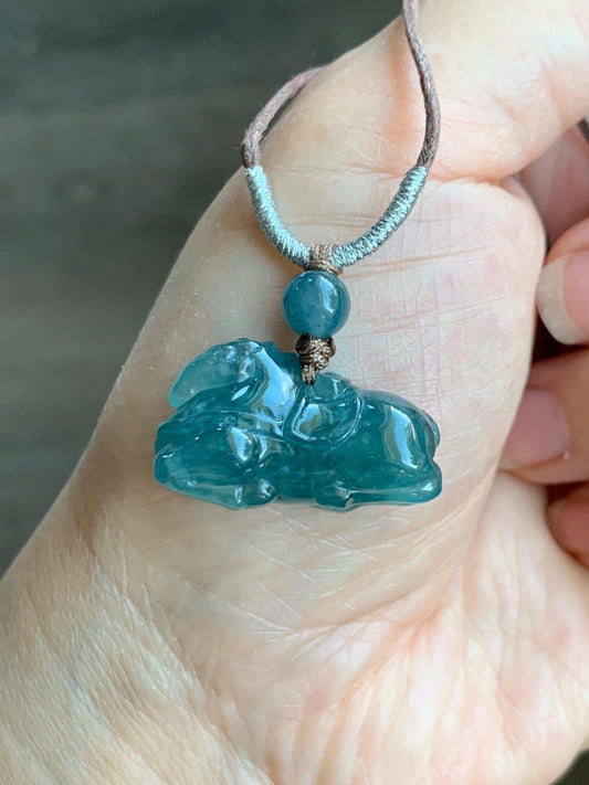 Natural Grade A Guatemalan Icy Translucent Teal Blue Jadeite Carved Tang Horse Pendant Rope Necklace 24" 10g 天然冰胶白冰翡翠唐马吊坠挂件 WLTM138A