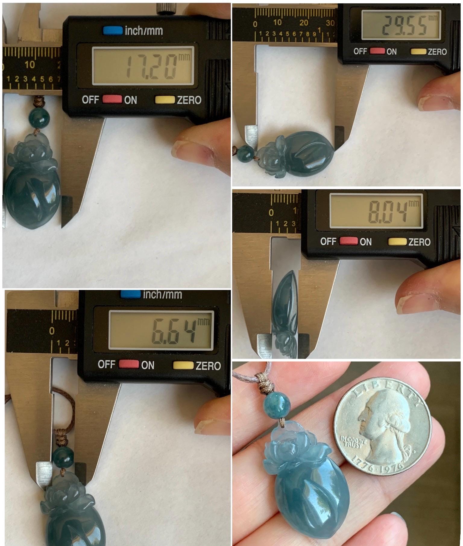 Natural Guatemalan Icy Translucent Gelatinous Blue Jade Jadeite Lotus Flower Lucky Peach Pendant Rope Necklace 24” 天然冰胶危蓝翡翠莲花福桃吊坠 WLT165