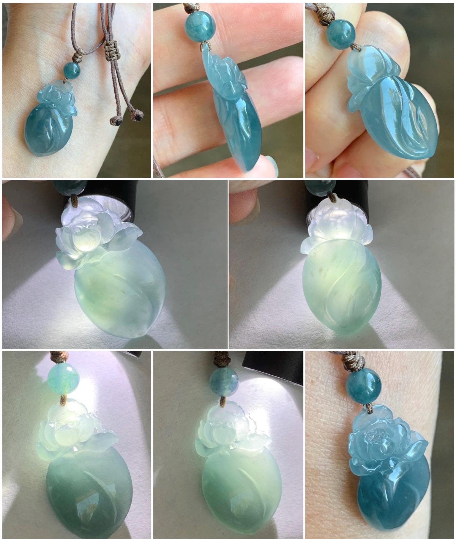 Natural Guatemalan Icy Translucent Gelatinous Blue Jade Jadeite Lotus Flower Lucky Peach Pendant Rope Necklace 24” 天然冰胶危蓝翡翠莲花福桃吊坠 WLT165