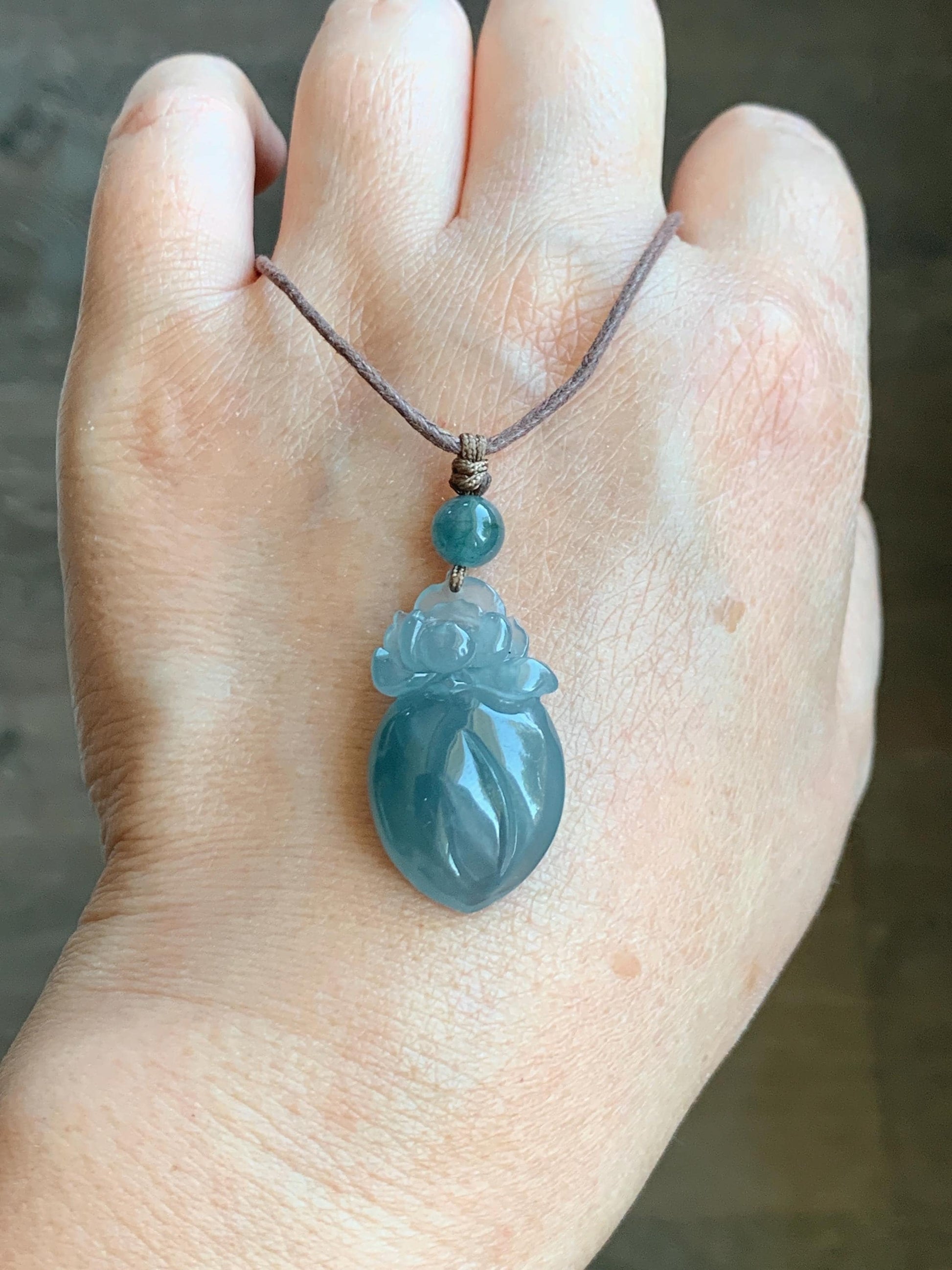 Natural Guatemalan Icy Translucent Gelatinous Blue Jade Jadeite Lotus Flower Lucky Peach Pendant Rope Necklace 24” 天然冰胶危蓝翡翠莲花福桃吊坠 WLT165