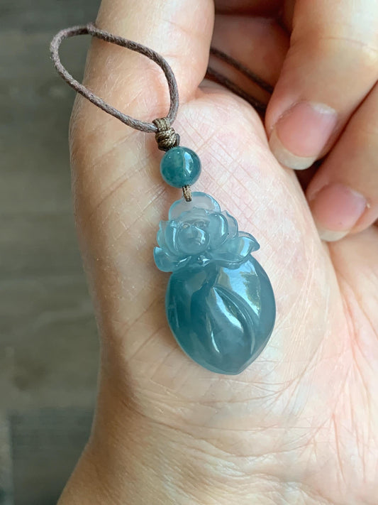 Natural Guatemalan Icy Translucent Gelatinous Blue Jade Jadeite Lotus Flower Lucky Peach Pendant Rope Necklace 24” 天然冰胶危蓝翡翠莲花福桃吊坠 WLT165