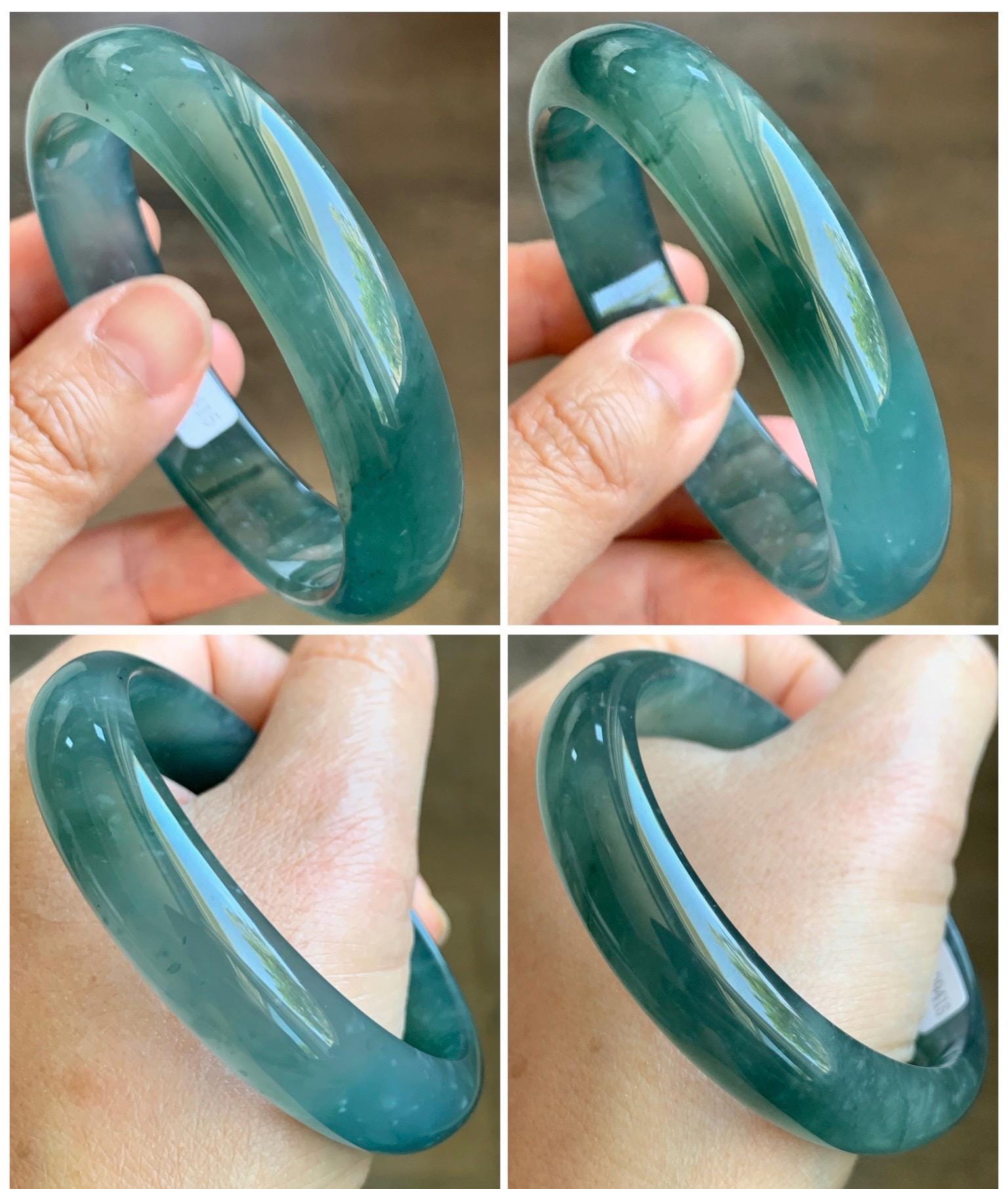 Certified Natural Guatemalan Icy Highly Translucent Deep Teal Green Jade Jadeite Wide Bangle Bracelet 56.6mm 48.7g 7" 天然冰胶危蓝翡翠正圈手镯 9415