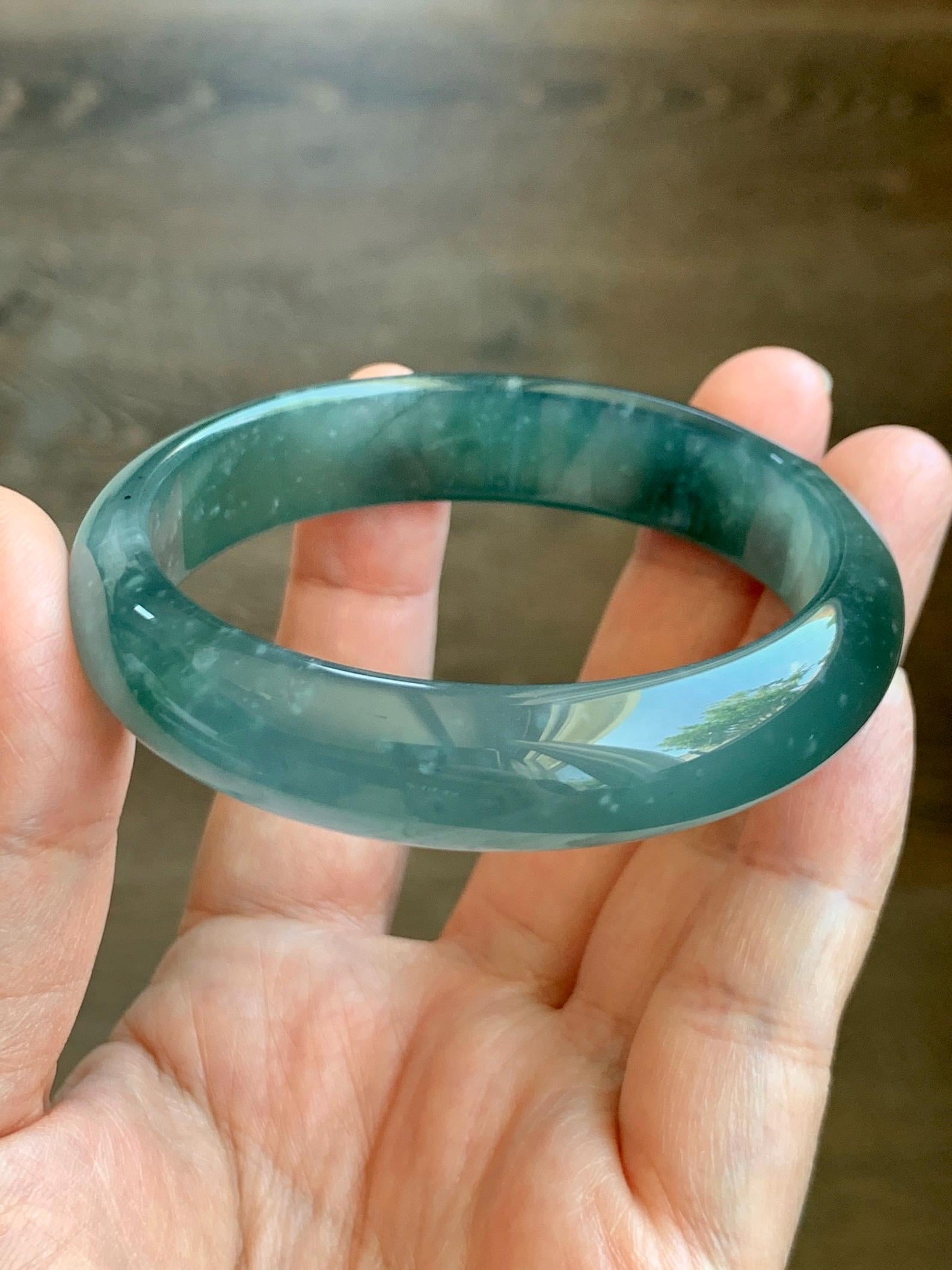 Certified Natural Guatemalan Icy Highly Translucent Deep Teal Green Jade Jadeite Wide Bangle Bracelet 56.6mm 48.7g 7" 天然冰胶危蓝翡翠正圈手镯 9415