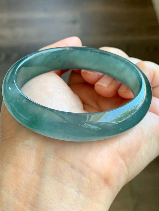 Certified Natural Guatemalan Icy Highly Translucent Deep Teal Green Jade Jadeite Wide Bangle Bracelet 56.6mm 48.7g 7" 天然冰胶危蓝翡翠正圈手镯 9415