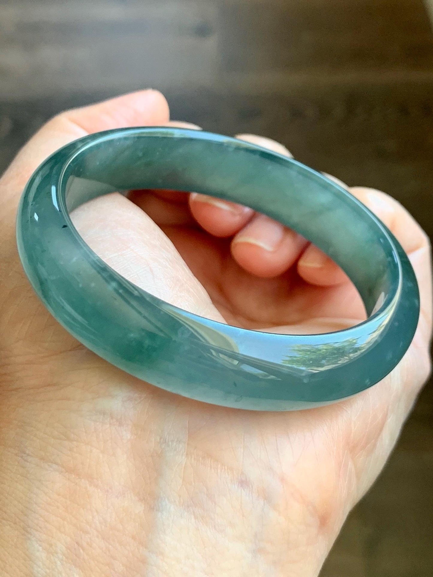 Certified Natural Guatemalan Icy Highly Translucent Deep Teal Green Jade Jadeite Wide Bangle Bracelet 56.6mm 48.7g 7" 天然冰胶危蓝翡翠正圈手镯 9415