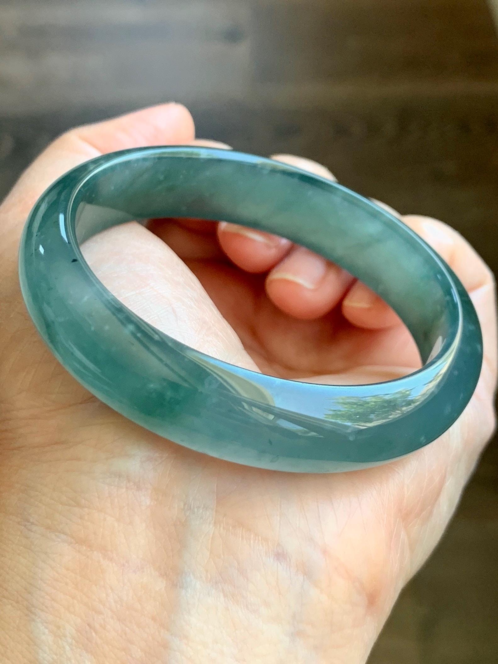 Certified Natural Guatemalan Icy Highly Translucent Deep Teal Green Jade Jadeite Wide Bangle Bracelet 56.6mm 48.7g 7" 天然冰胶危蓝翡翠正圈手镯 9415