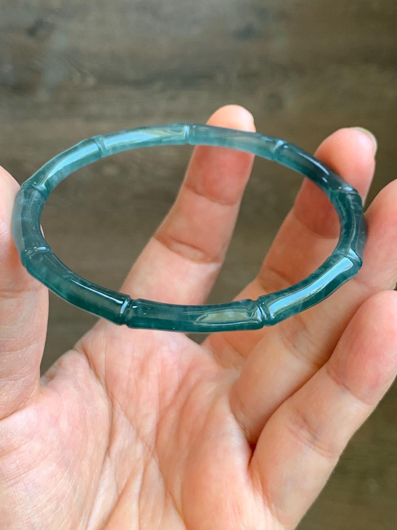 Certified Natural Guatemalan Icy Translucent Gelatinous Teal Blue Jadeite Carved Bamboo Bangle Bracelet 60mm 7.4” 13g 天然冰危篮绿翡翠竹节手镯 9416