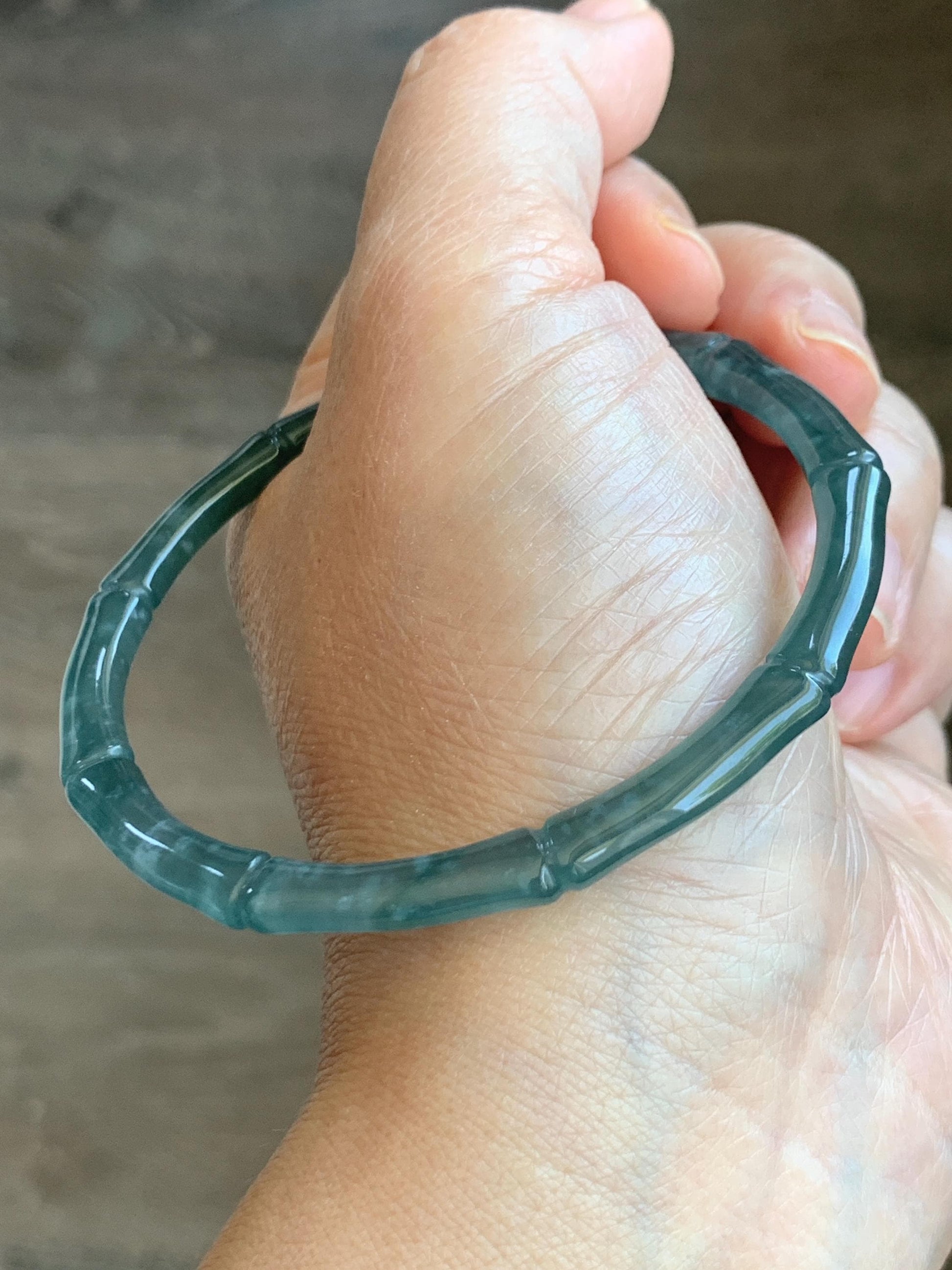 Certified Natural Guatemalan Icy Translucent Gelatinous Teal Blue Jadeite Carved Bamboo Bangle Bracelet 60mm 7.4” 13g 天然冰危篮绿翡翠竹节手镯 9416
