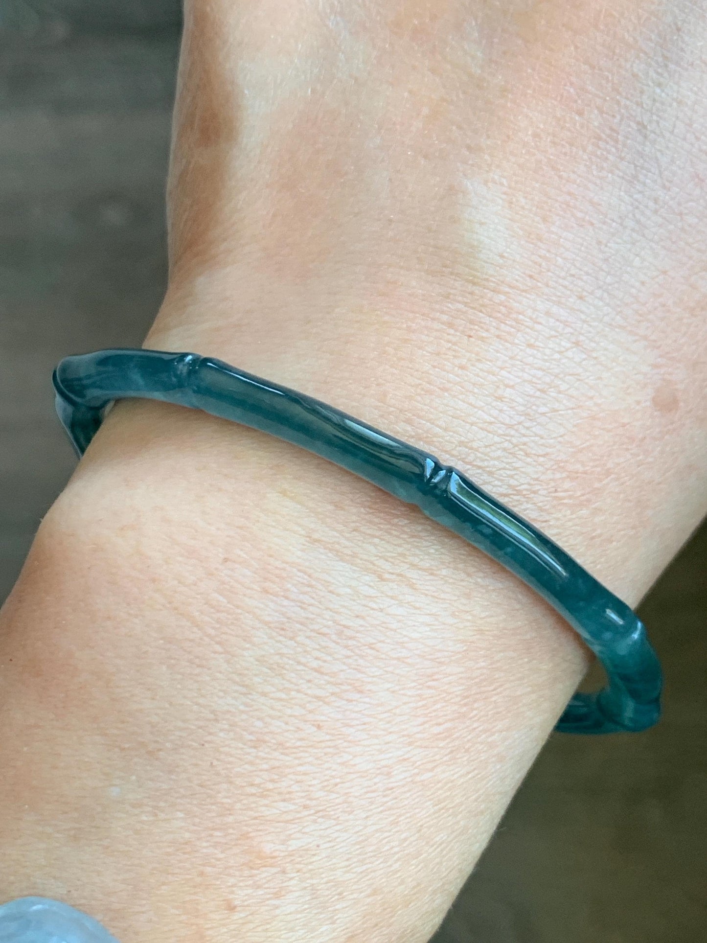 Certified Natural Guatemalan Icy Translucent Gelatinous Teal Blue Jadeite Carved Bamboo Bangle Bracelet 60mm 7.4” 13g 天然冰危篮绿翡翠竹节手镯 9416