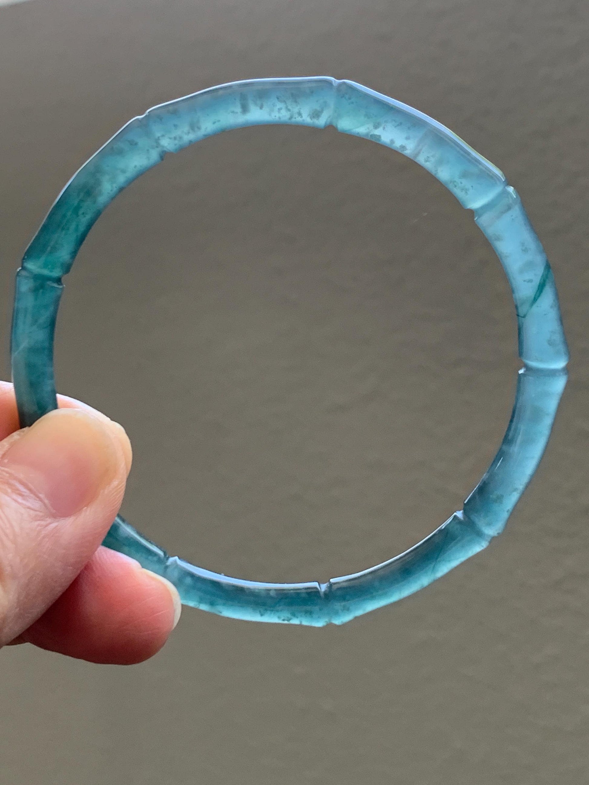 Certified Natural Guatemalan Icy Translucent Gelatinous Teal Blue Jadeite Carved Bamboo Bangle Bracelet 60mm 7.4” 13g 天然冰危篮绿翡翠竹节手镯 9416