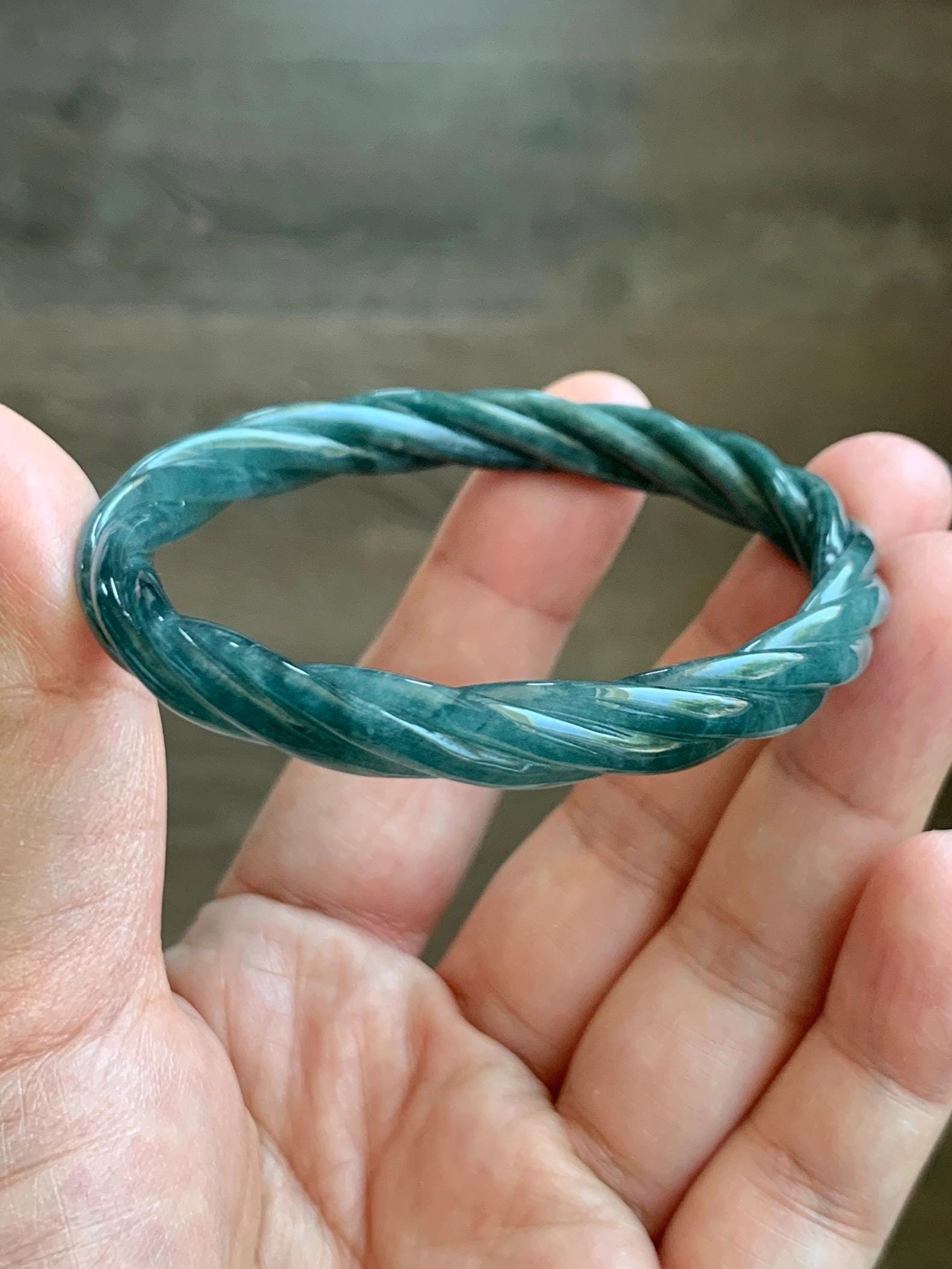 Certified Natural Grade A Guatemalan Icy Translucent Teal Blue Jadeite Carved Braid Bangle Bracelet 52.98mm 6.5” 19.64g 天然冰危蓝翡翠麻花贵妃手镯 9411
