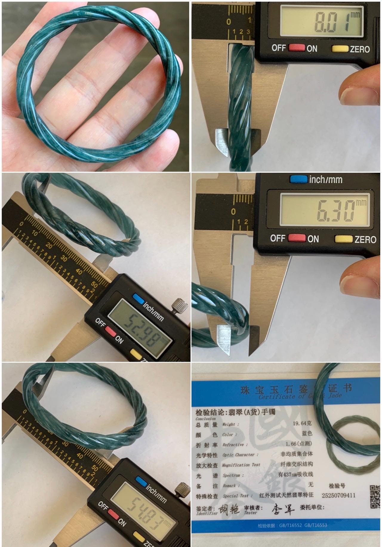 Certified Natural Grade A Guatemalan Icy Translucent Teal Blue Jadeite Carved Braid Bangle Bracelet 52.98mm 6.5” 19.64g 天然冰危蓝翡翠麻花贵妃手镯 9411