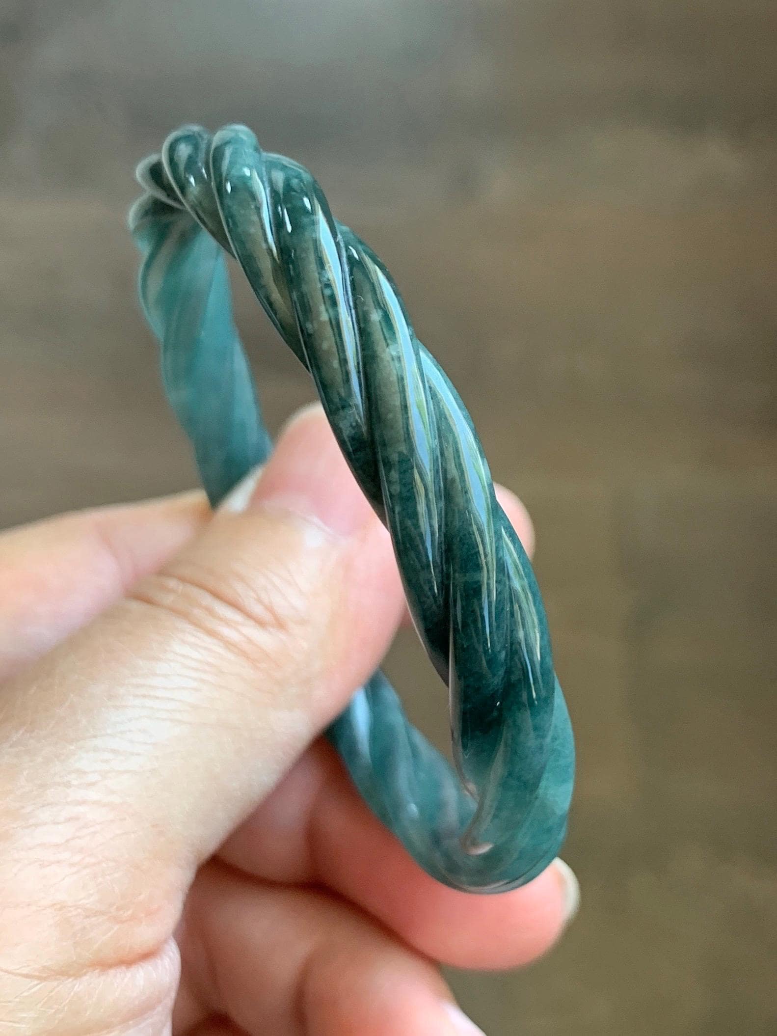 Certified Natural Grade A Guatemalan Icy Translucent Teal Blue Jadeite Carved Braid Bangle Bracelet 52.98mm 6.5” 19.64g 天然冰危蓝翡翠麻花贵妃手镯 9411