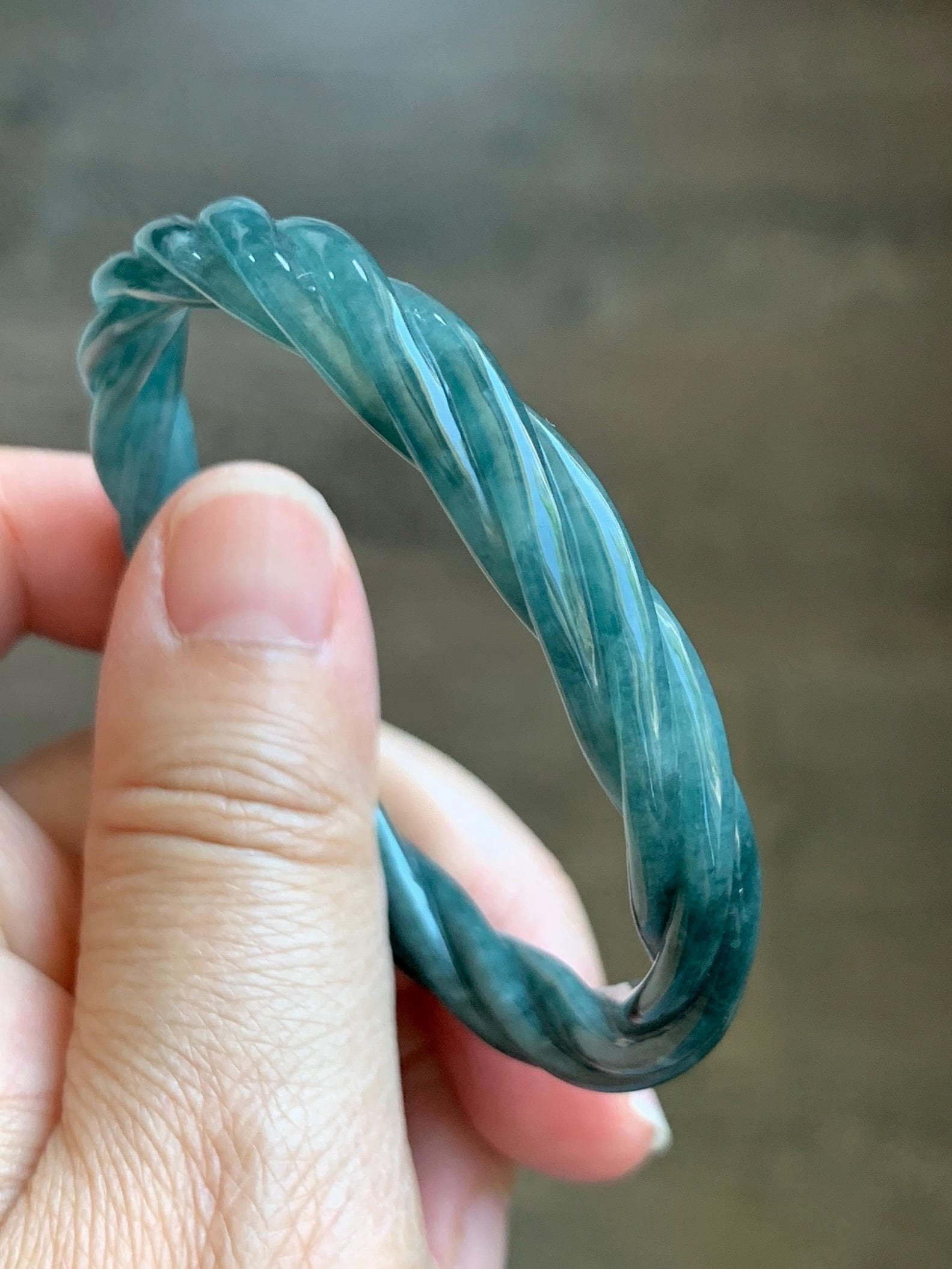 Certified Natural Grade A Guatemalan Icy Translucent Teal Blue Jadeite Carved Braid Bangle Bracelet 52.98mm 6.5” 19.64g 天然冰危蓝翡翠麻花贵妃手镯 9411