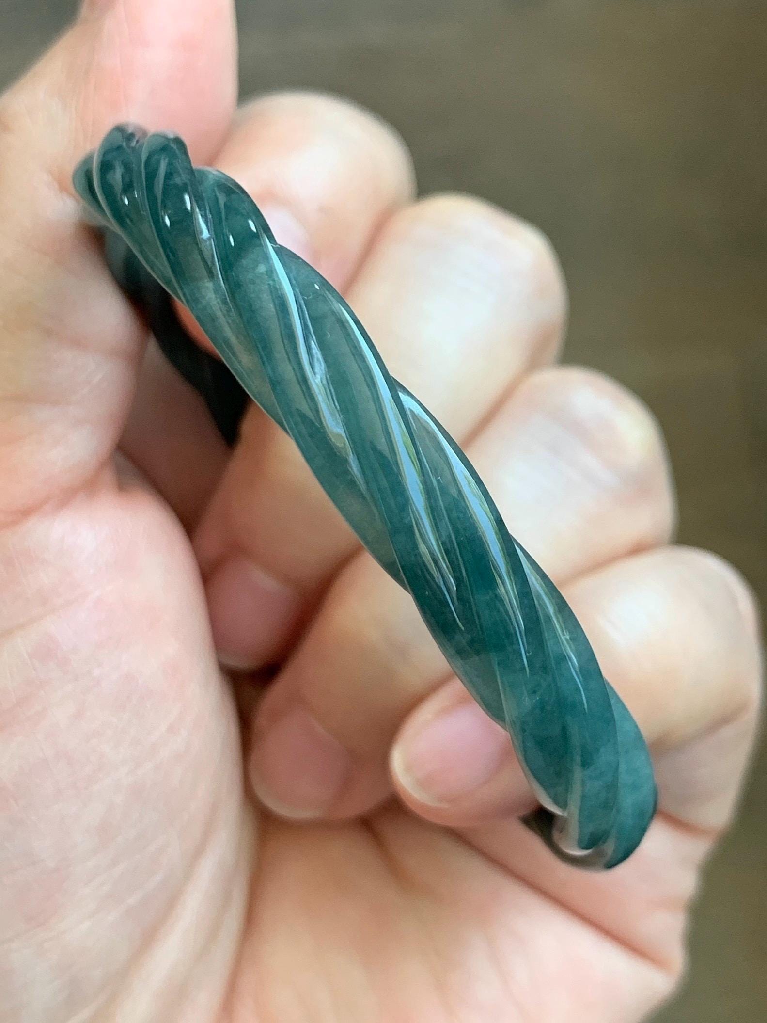 Certified Natural Grade A Guatemalan Icy Translucent Teal Blue Jadeite Carved Braid Bangle Bracelet 52.98mm 6.5” 19.64g 天然冰危蓝翡翠麻花贵妃手镯 9411