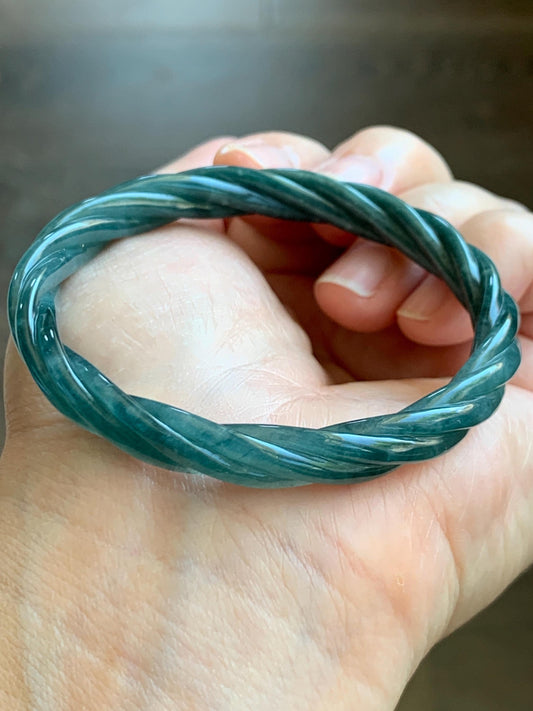 Certified Natural Grade A Guatemalan Icy Translucent Teal Blue Jadeite Carved Braid Bangle Bracelet 52.98mm 6.5” 19.64g 天然冰危蓝翡翠麻花贵妃手镯 9411