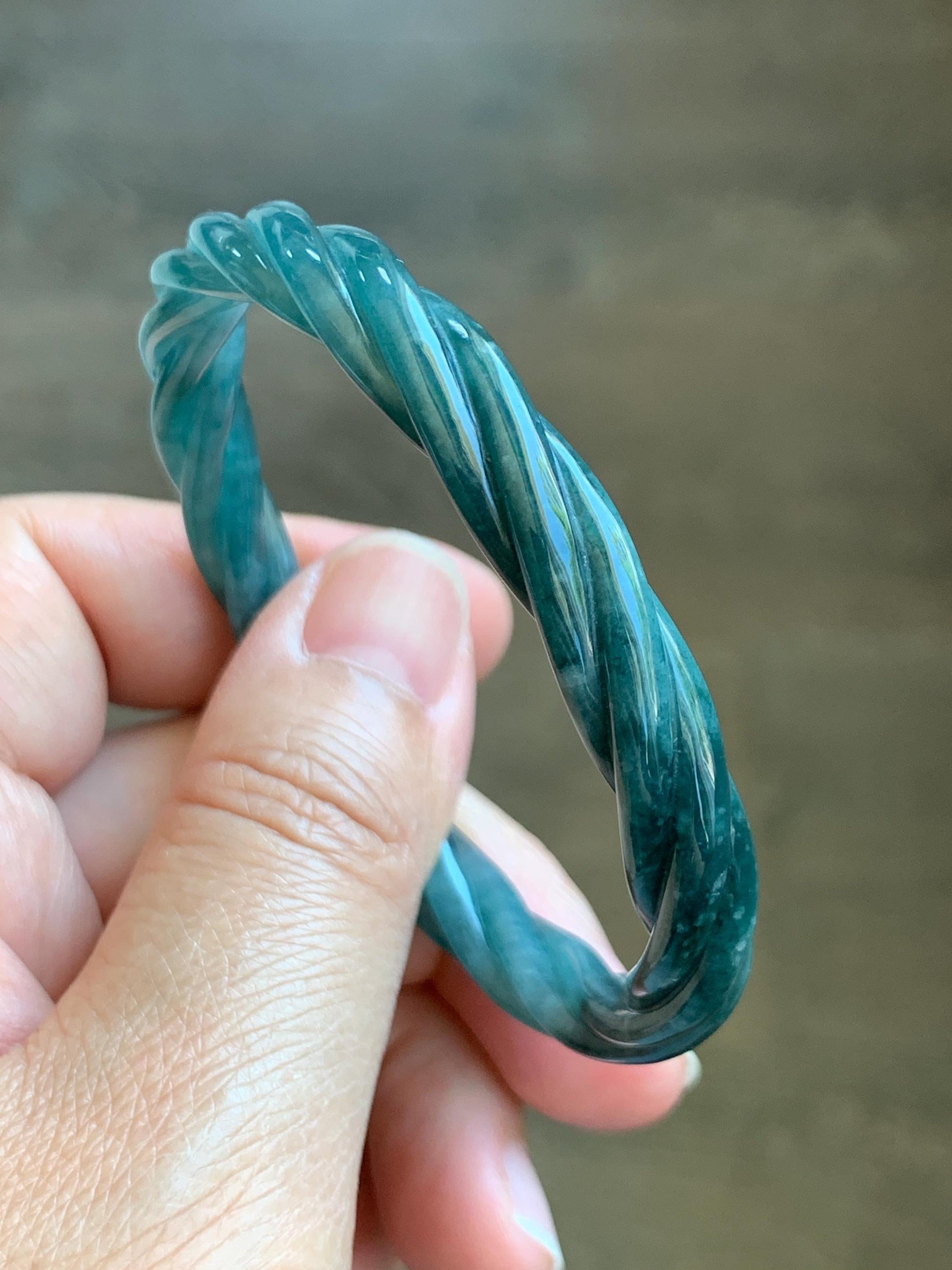 Certified Natural Grade A Guatemalan Icy Translucent Teal Blue Jadeite Carved Braid Bangle Bracelet 52.98mm 6.5” 19.64g 天然冰危蓝翡翠麻花贵妃手镯 9411