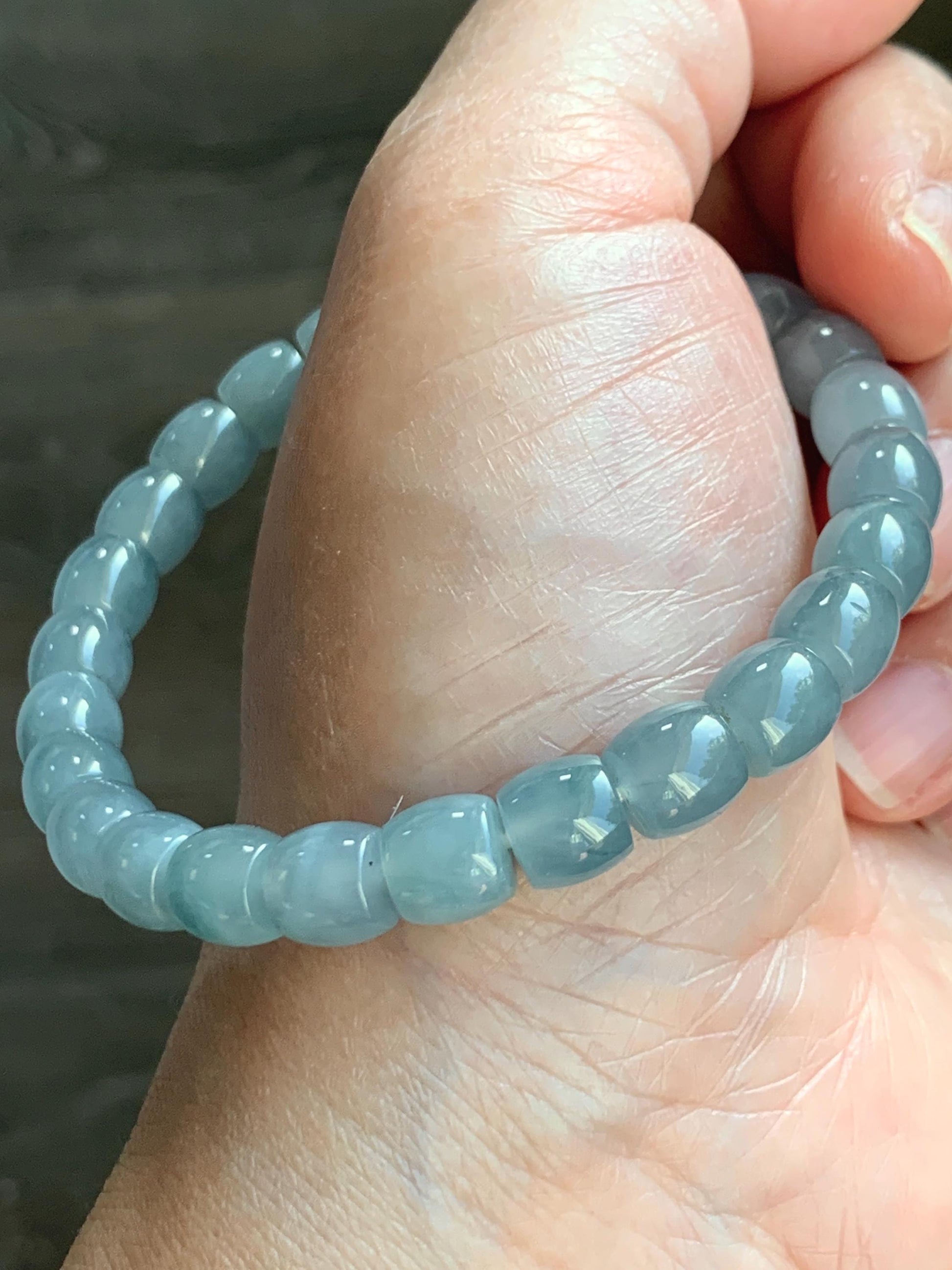 Natural Grade A Guatemalan Icy Highly Translucent Pastel Blue Jade Jadeite Barrel Beads Beaded Bracelet 7.5” 23g 天然冰胶危淡篮翡翠桶珠手串 DLW220