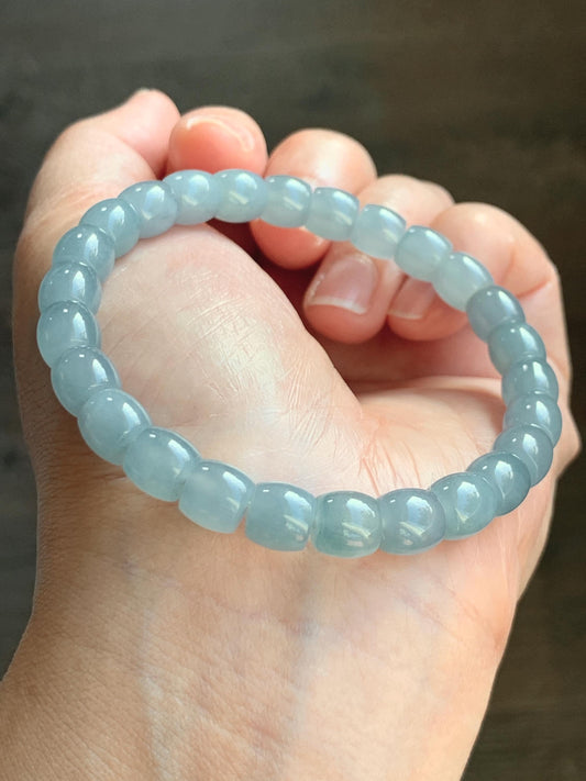 Natural Grade A Guatemalan Icy Highly Translucent Pastel Blue Jade Jadeite Barrel Beads Beaded Bracelet 7.5” 23g 天然冰胶危淡篮翡翠桶珠手串 DLW220