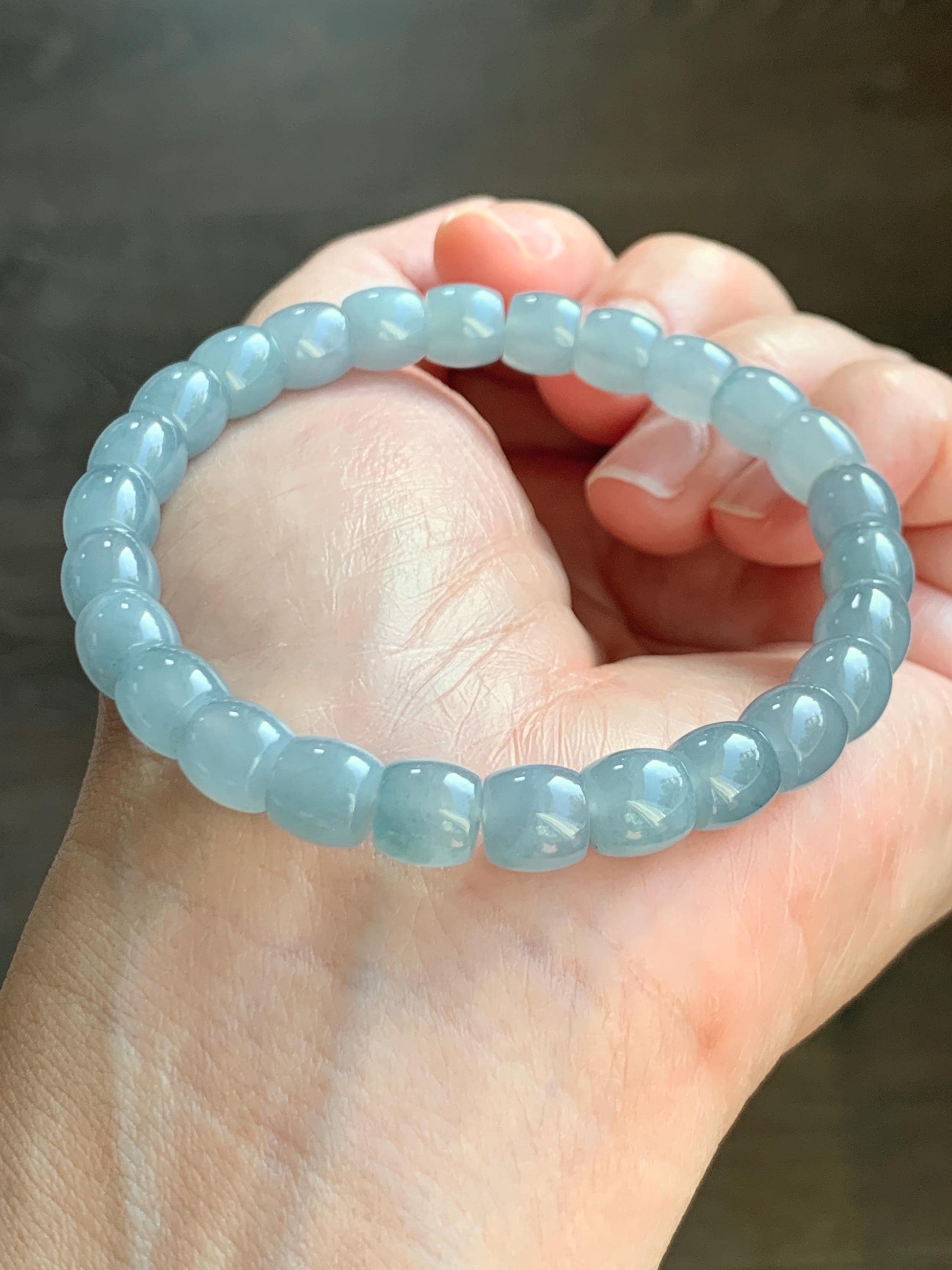 Natural Grade A Guatemalan Icy Highly Translucent Pastel Blue Jade Jadeite Barrel Beads Beaded Bracelet 7.5” 23g 天然冰胶危淡篮翡翠桶珠手串 DLW220