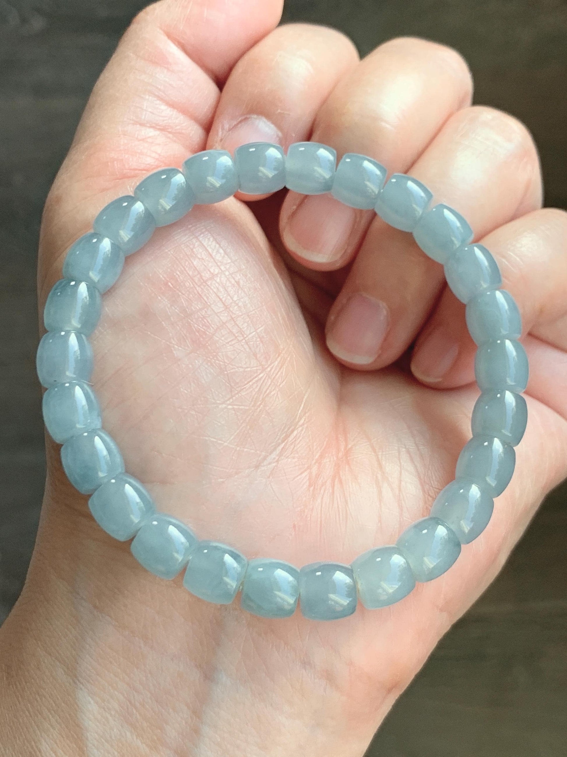 Natural Grade A Guatemalan Icy Highly Translucent Pastel Blue Jade Jadeite Barrel Beads Beaded Bracelet 7.5” 23g 天然冰胶危淡篮翡翠桶珠手串 DLW220