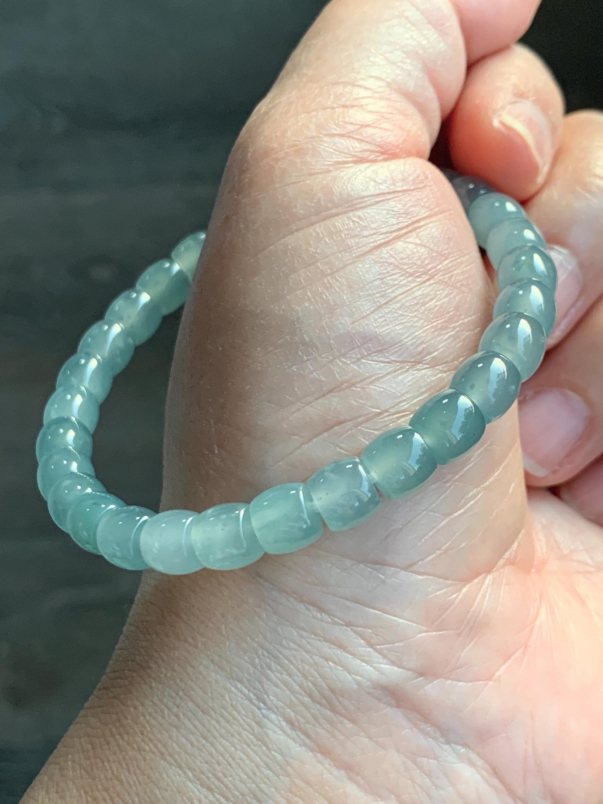 Natural Grade A Guatemalan Icy Highly Translucent Pastel Green Jadeite Barrel Beads Beaded Bracelet 7.25” 19g 天然冰胶危淡晴绿翡翠桶珠手串 DLUW220