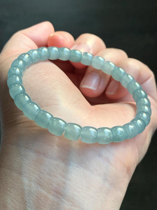 Natural Grade A Guatemalan Icy Highly Translucent Pastel Green Jadeite Barrel Beads Beaded Bracelet 7.25” 19g 天然冰胶危淡晴绿翡翠桶珠手串 DLUW220