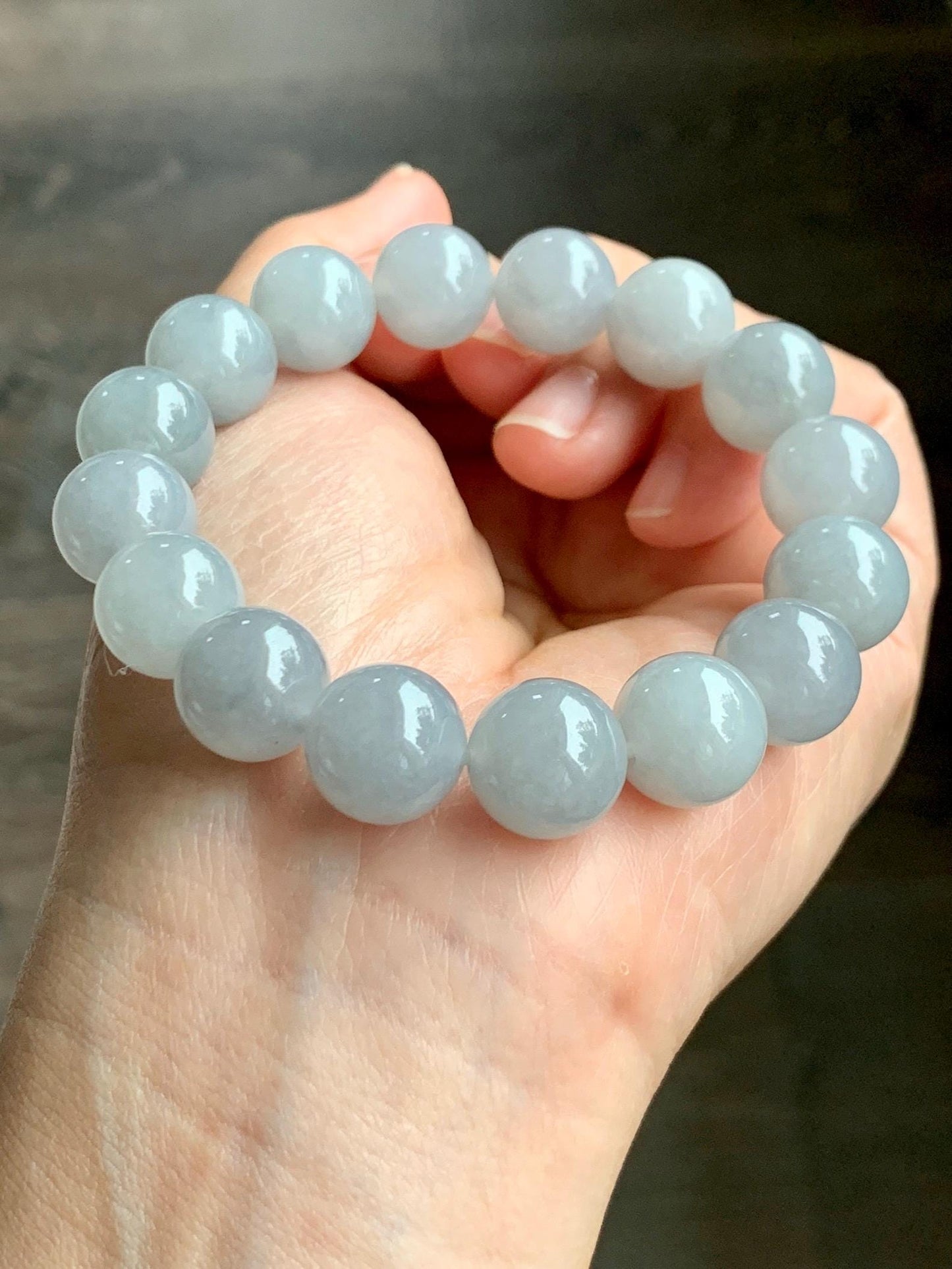 Natural Grade A Icy Highly Translucent Gelatinous Wuji Jade Jadeite Large Beads Beaded Bracelet 12.8mm 7.5" 57g 天然大卡冰胶白乌鸡翡翠手串 BJMW350