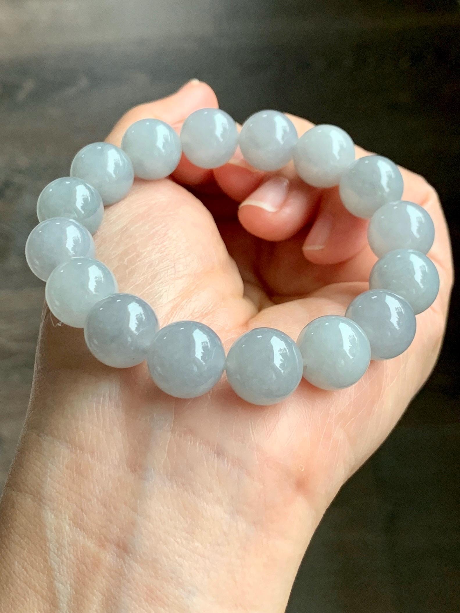 Natural Grade A Icy Highly Translucent Gelatinous Wuji Jade Jadeite Large Beads Beaded Bracelet 12.8mm 7.5" 57g 天然大卡冰胶白乌鸡翡翠手串 BJMW350