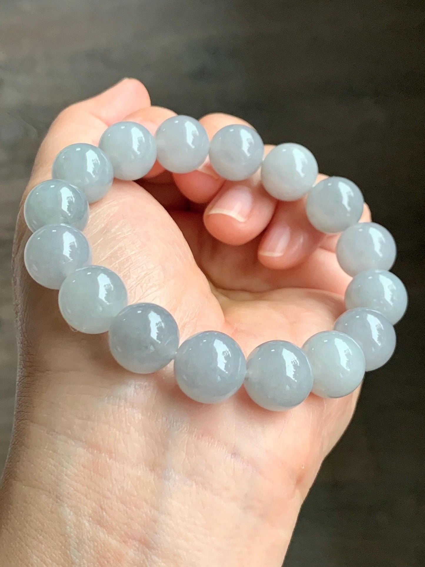 Natural Grade A Icy Highly Translucent Gelatinous Wuji Jade Jadeite Large Beads Beaded Bracelet 12.8mm 7.5" 57g 天然大卡冰胶白乌鸡翡翠手串 BJMW350