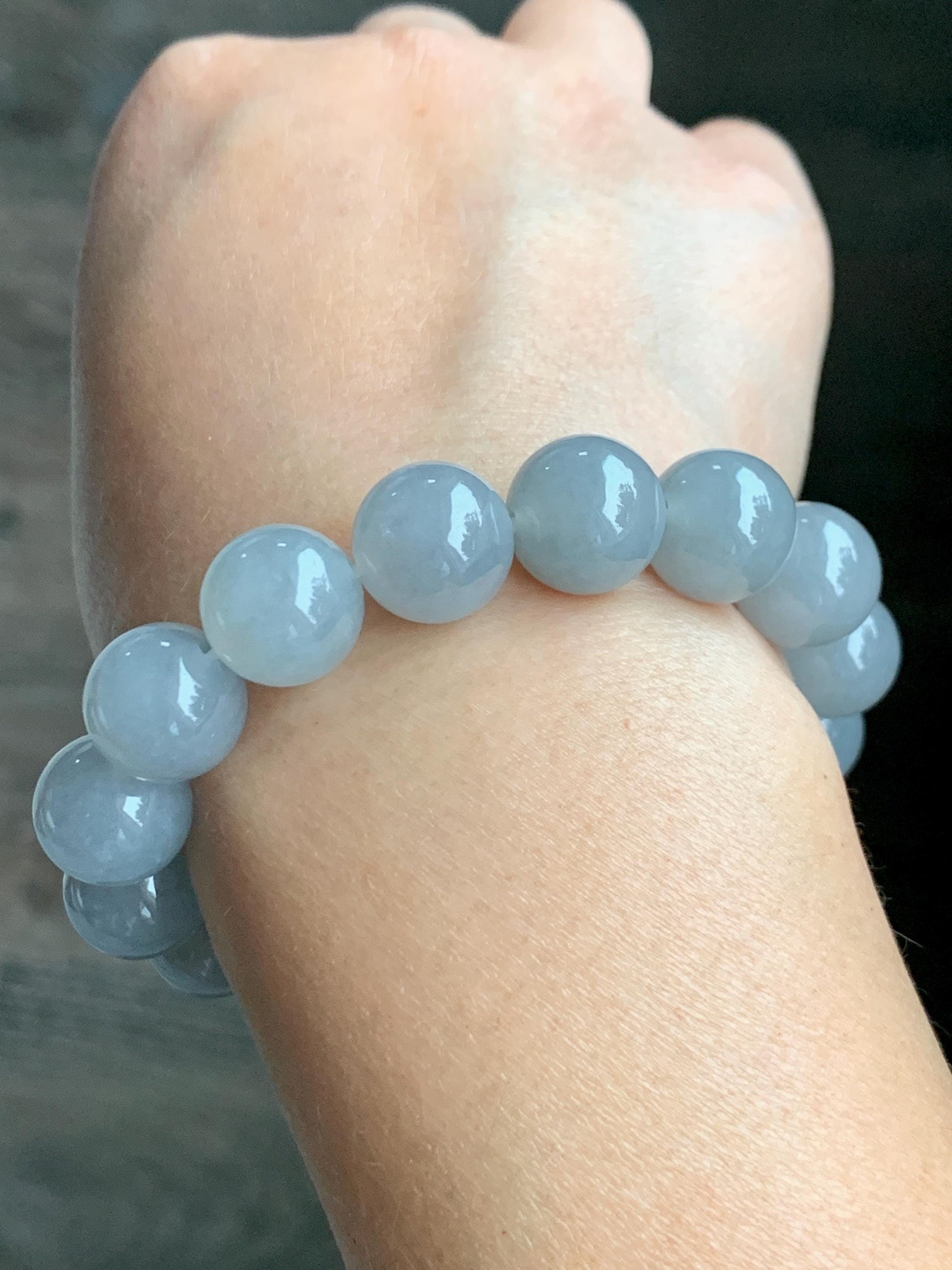 Natural Grade A Icy Highly Translucent Gelatinous Wuji Jade Jadeite Large Beads Beaded Bracelet 12.8mm 7.5" 57g 天然大卡冰胶白乌鸡翡翠手串 BJMW350