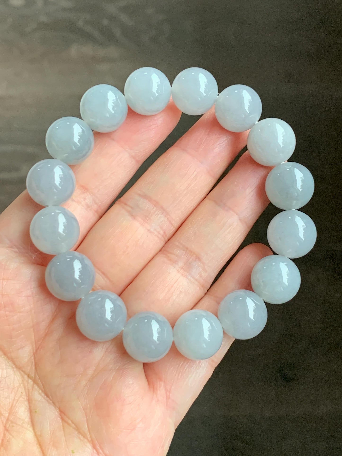 Natural Grade A Icy Highly Translucent Gelatinous Wuji Jade Jadeite Large Beads Beaded Bracelet 12.8mm 7.5" 57g 天然大卡冰胶白乌鸡翡翠手串 BJMW350