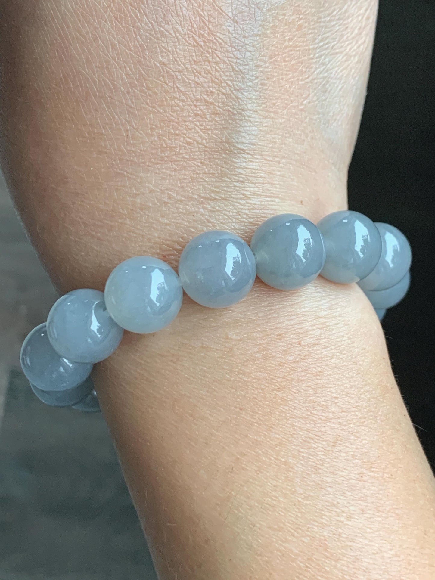 Natural Grade A Icy Highly Translucent Gelatinous Wuji Jade Jadeite Large Beads Beaded Bracelet 12.8mm 7.5" 57g 天然大卡冰胶白乌鸡翡翠手串 BJMW350