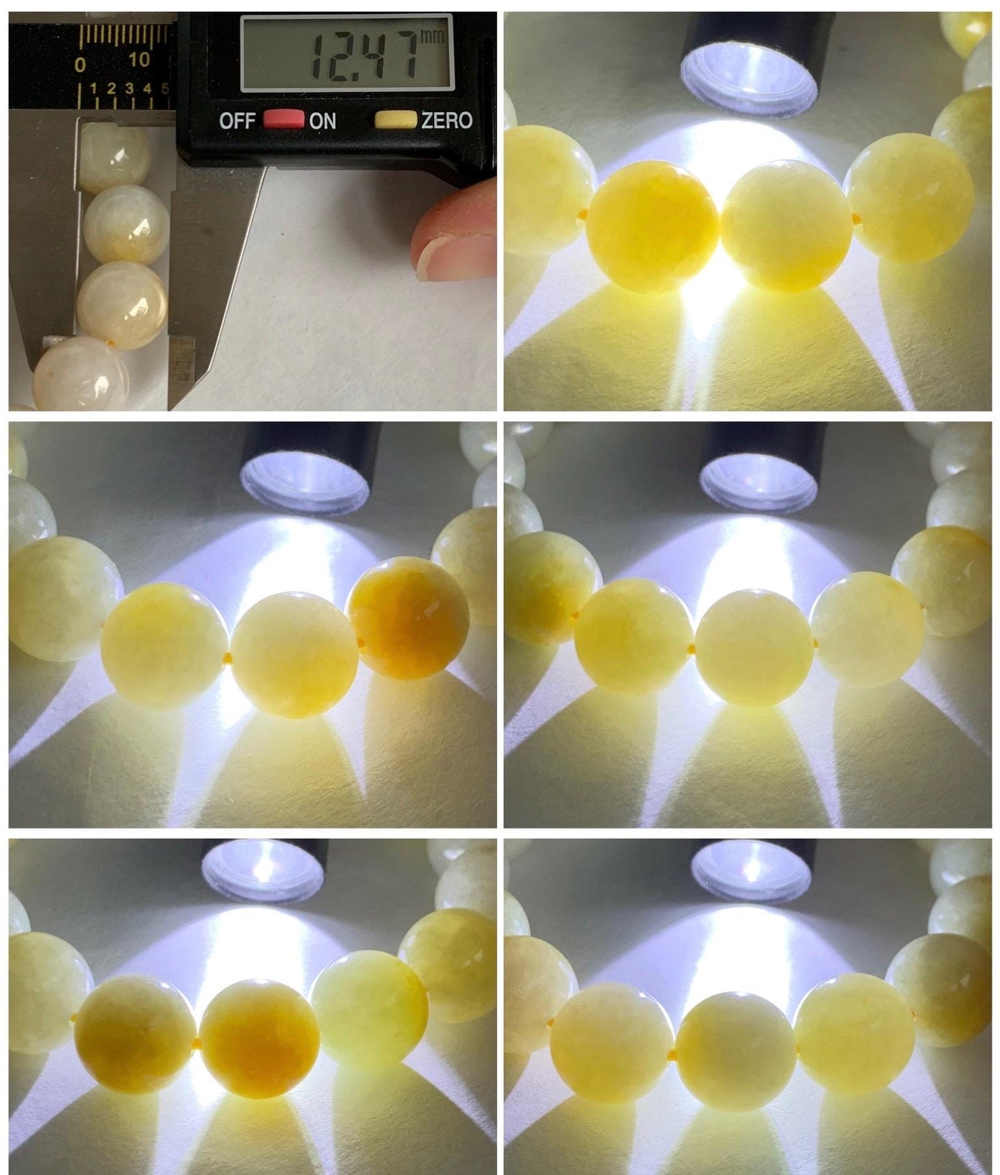 Natural Grade A Icy Translucent White & Bright Yellow Marbled Jade Jadeite Large Beads Beaded Bracelet 12.4mm 7.25" 54g 天然冰飘黄翡翠大卡圆珠手串 MPH330
