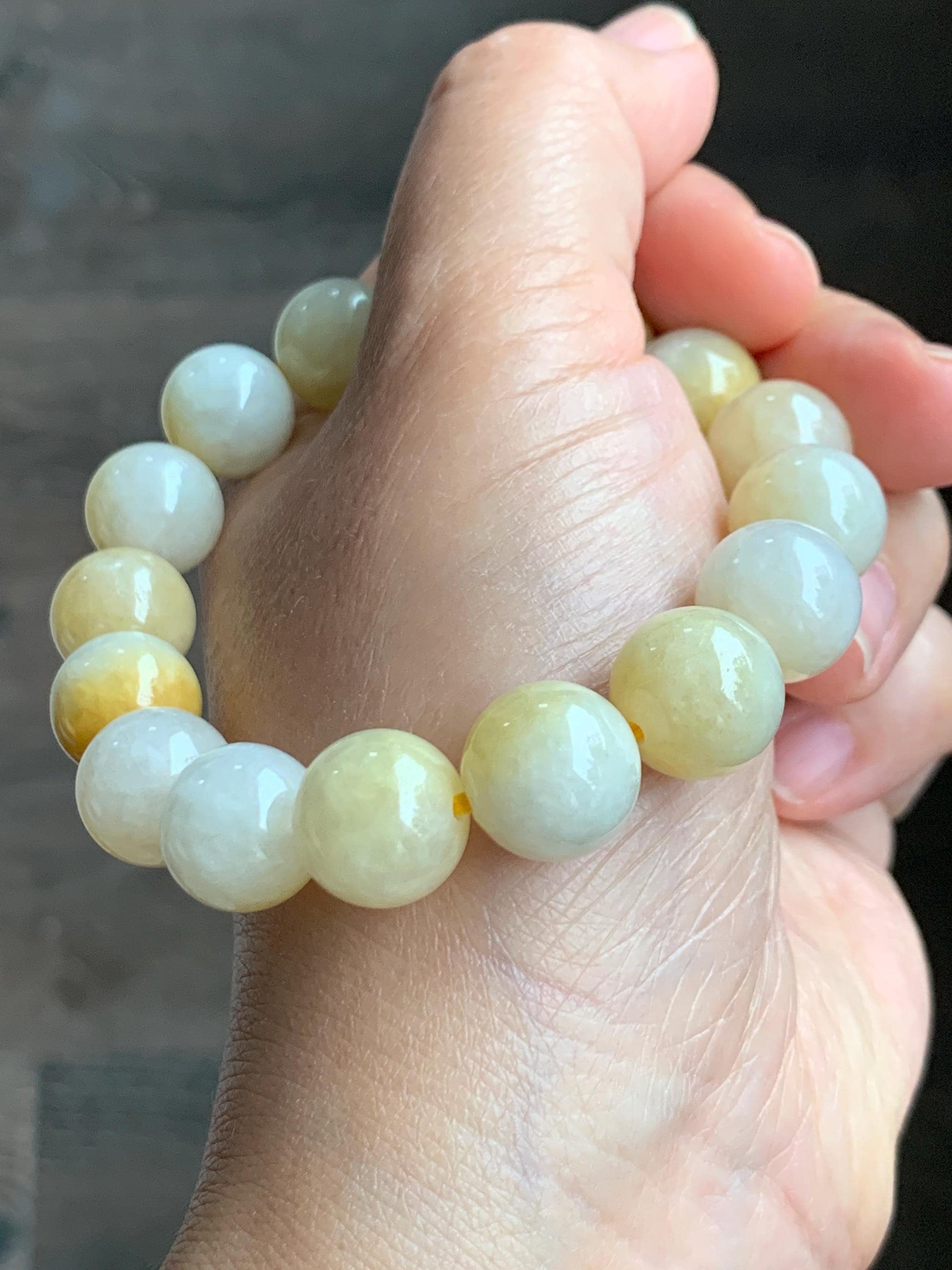 Natural Grade A Icy Translucent White & Bright Yellow Marbled Jade Jadeite Large Beads Beaded Bracelet 12.4mm 7.25" 54g 天然冰飘黄翡翠大卡圆珠手串 MPH330