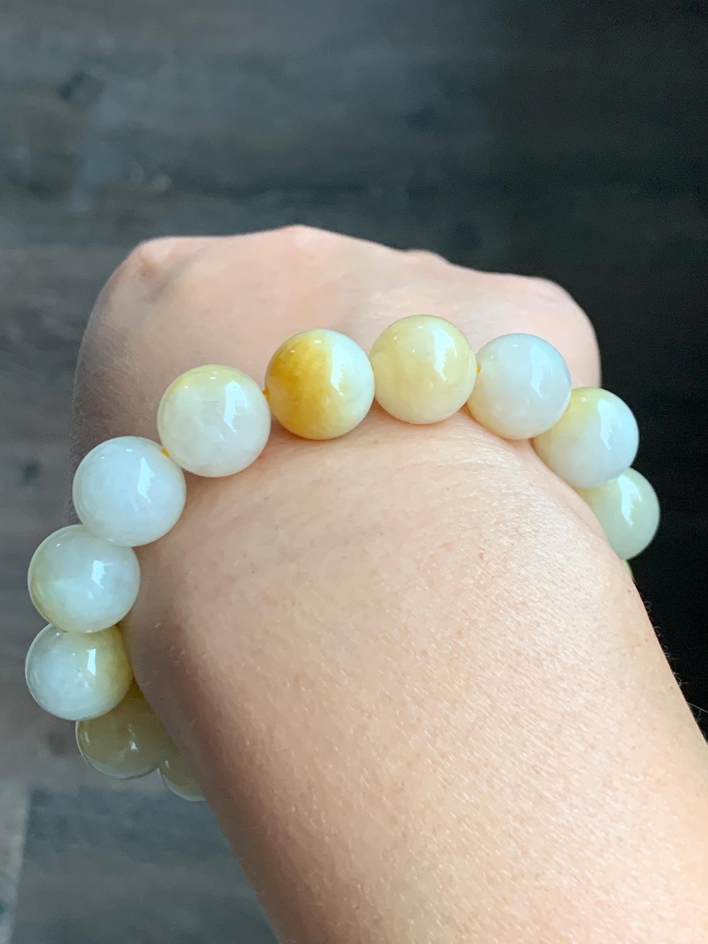 Natural Grade A Icy Translucent White & Bright Yellow Marbled Jade Jadeite Large Beads Beaded Bracelet 12.4mm 7.25" 54g 天然冰飘黄翡翠大卡圆珠手串 MPH330
