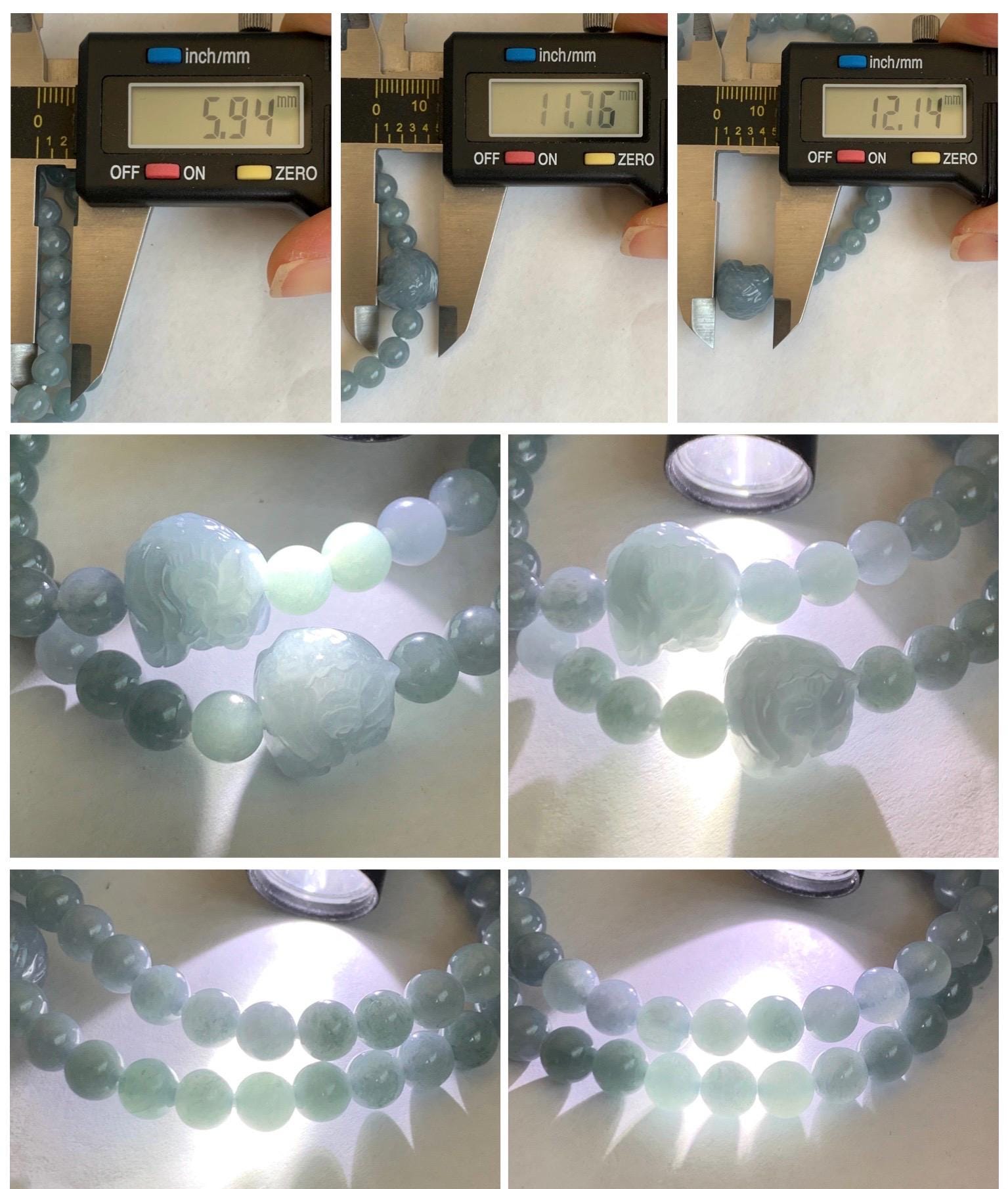 Natural Grade A Guatemalan Icy Translucent Gelatinous Pastel Dusty Blue Jade Jadeite Dancing Lion Bead Beaded Bracelet 天然冰胶危淡蓝翡翠醒狮珠手串 DLXS