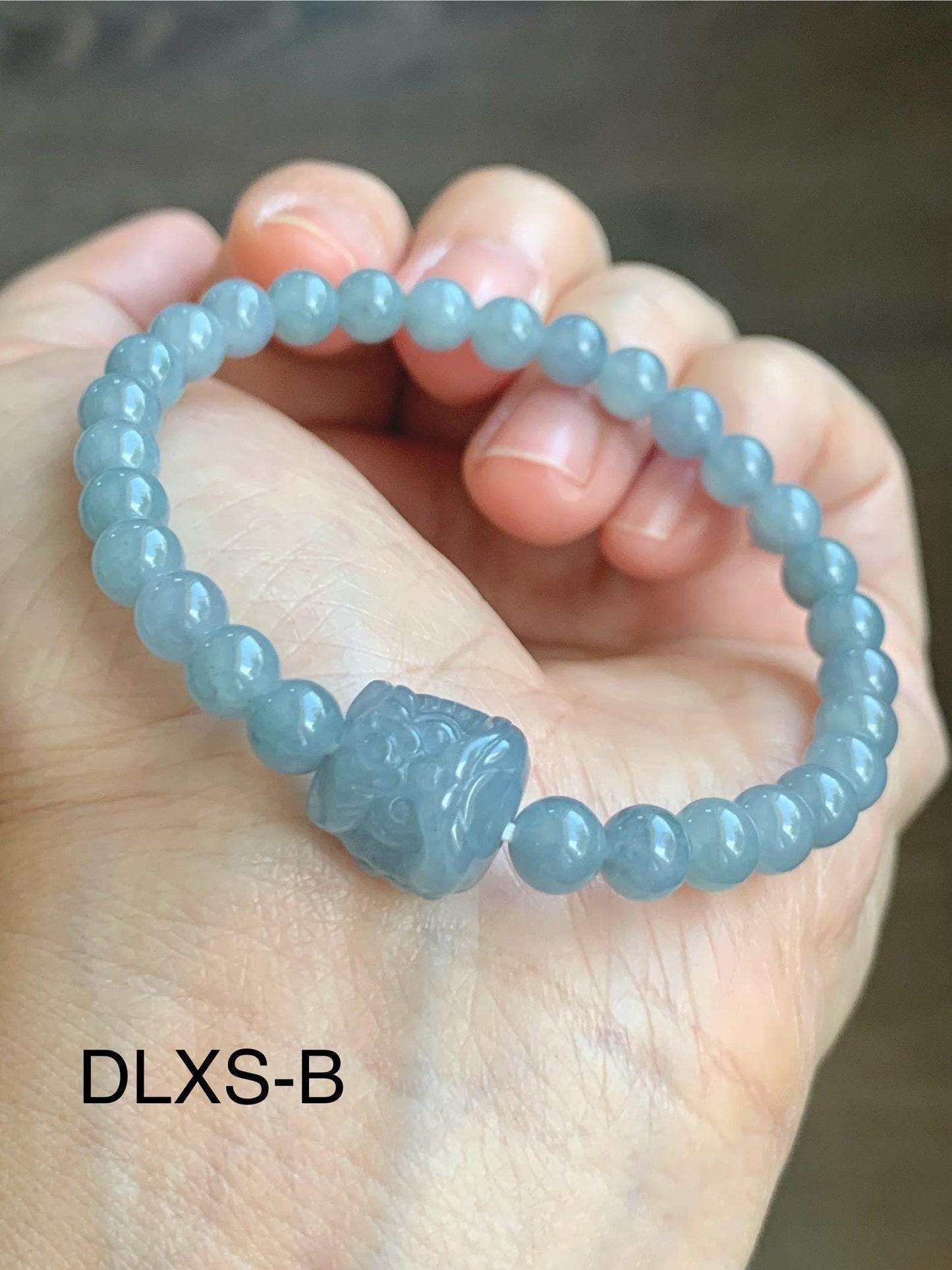 Natural Grade A Guatemalan Icy Translucent Gelatinous Pastel Dusty Blue Jade Jadeite Dancing Lion Bead Beaded Bracelet 天然冰胶危淡蓝翡翠醒狮珠手串 DLXS