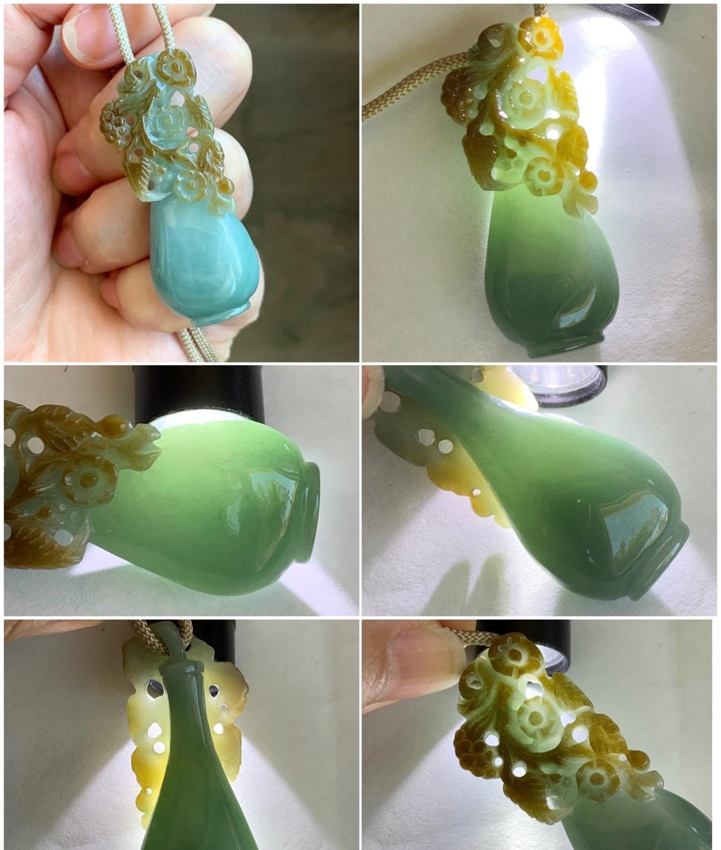 Natural Grade A Icy Translucent Dusty Blue Brown Marbled Jade Jadeite Carved Flower & Vase Pendant Rope Necklace 26” 20g 天然蓝棕双色翡翠花瓶吊坠 SCP194