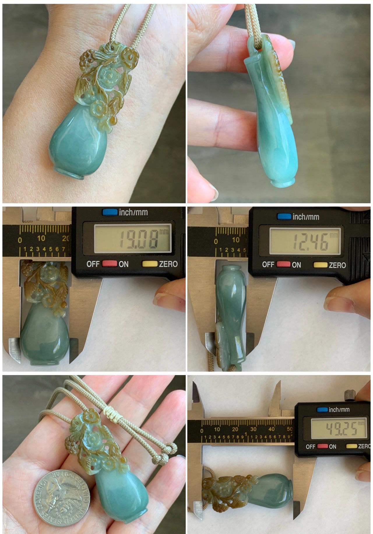 Natural Grade A Icy Translucent Dusty Blue Brown Marbled Jade Jadeite Carved Flower & Vase Pendant Rope Necklace 26” 20g 天然蓝棕双色翡翠花瓶吊坠 SCP194