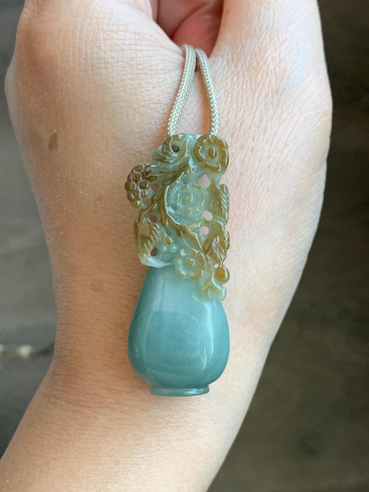 Natural Grade A Icy Translucent Dusty Blue Brown Marbled Jade Jadeite Carved Flower & Vase Pendant Rope Necklace 26” 20g 天然蓝棕双色翡翠花瓶吊坠 SCP194