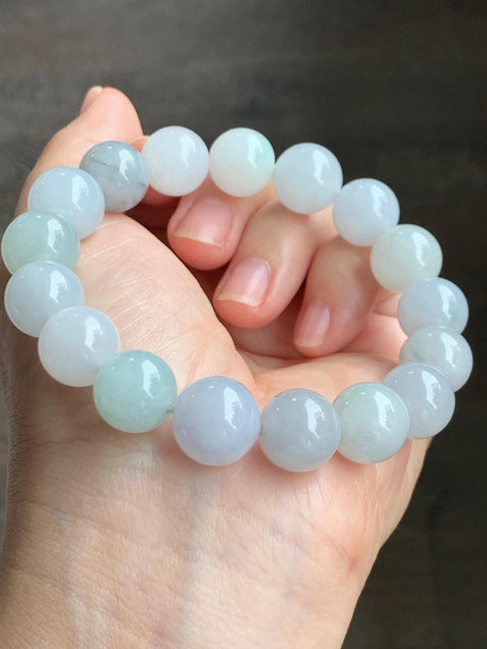 Natural Grade A Icy Translucent Gelatinous Multicolored Jade Jadeite Large Beads Beaded Bracelet 12.6mm 8" 62g 天然冰胶多宝翡翠大卡圆珠手串 DDBM500