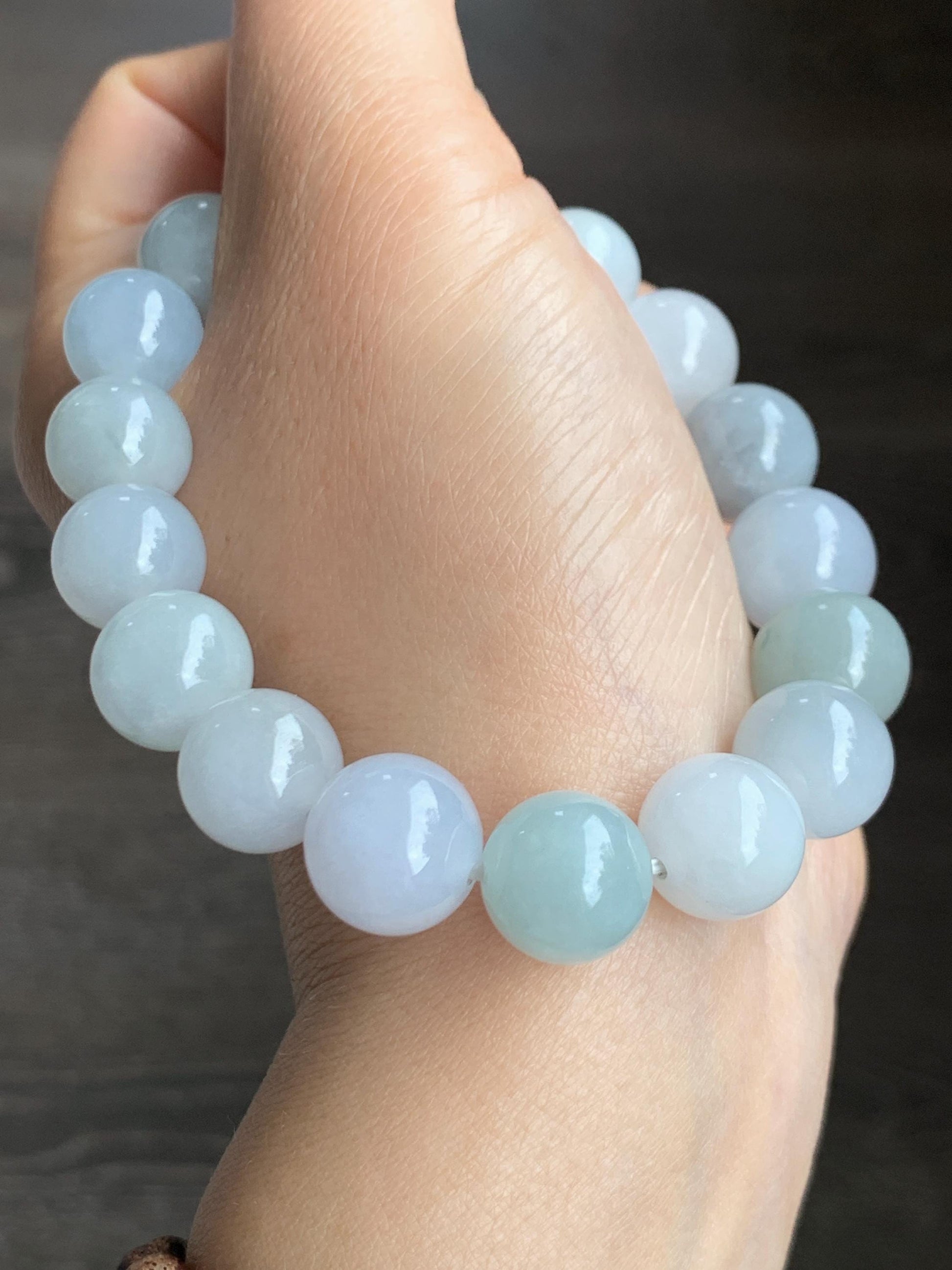 Natural Grade A Icy Translucent Gelatinous Multicolored Jade Jadeite Large Beads Beaded Bracelet 12.6mm 8" 62g 天然冰胶多宝翡翠大卡圆珠手串 DDBM500