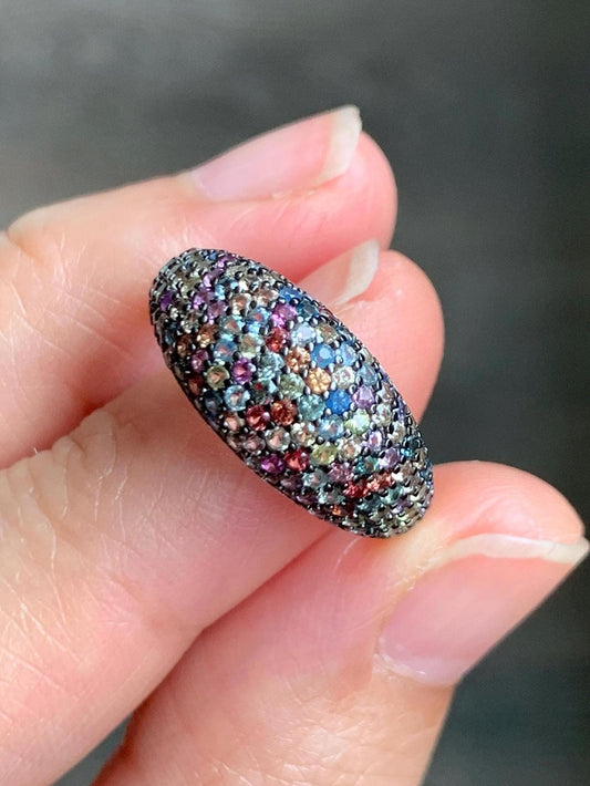 Natural Genuine Sapphire Multicolored Rainbow Sapphire Cluster Dome Ring S925 Sterling Silver Size 7 US 4g Sapphire Band Ring 858