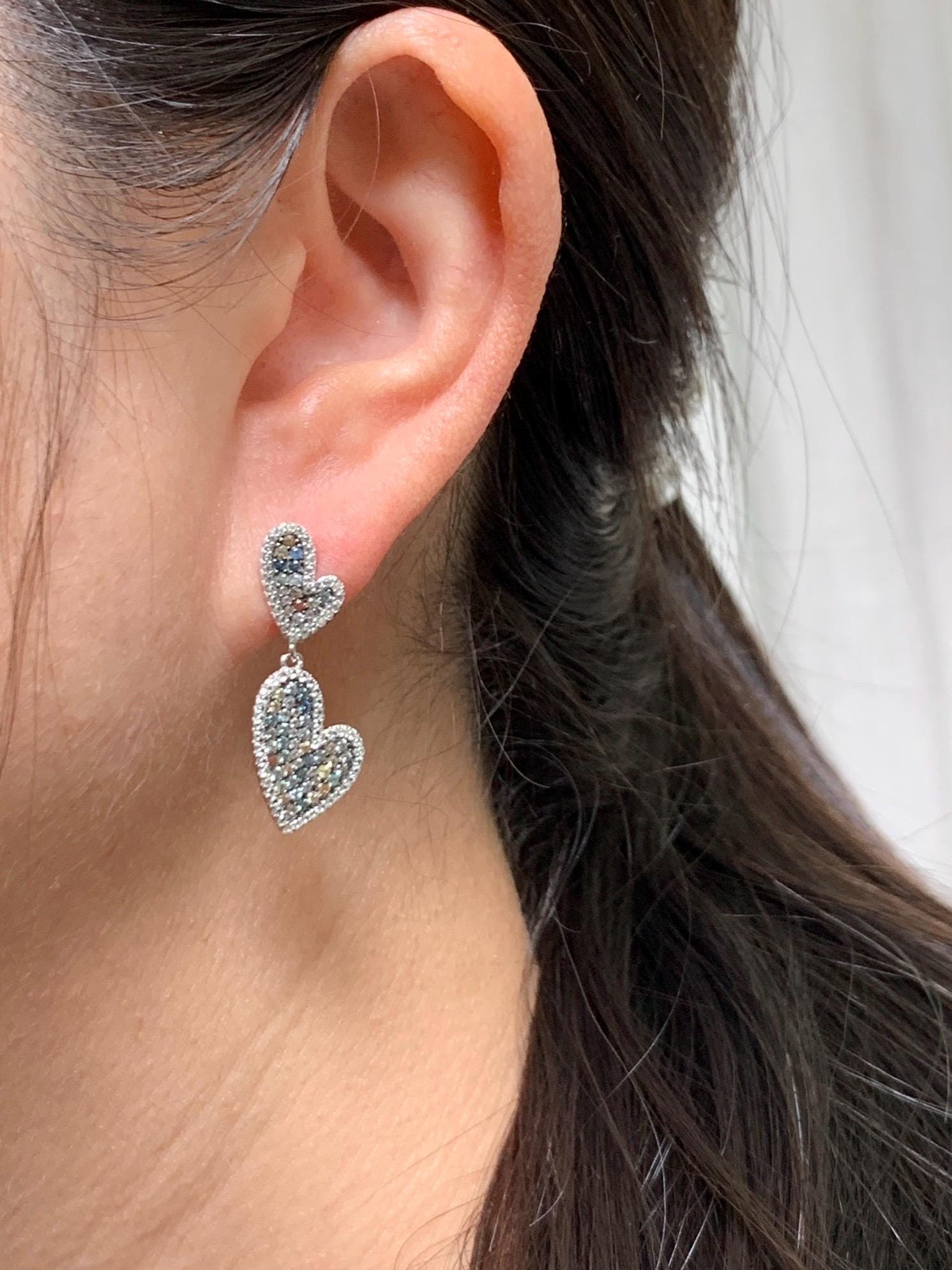 Natural Genuine Sapphire Multicolored Rainbow Sapphire Cluster Heart Dangle Earrings S925 Sterling Silver English Lock 4g 887-E
