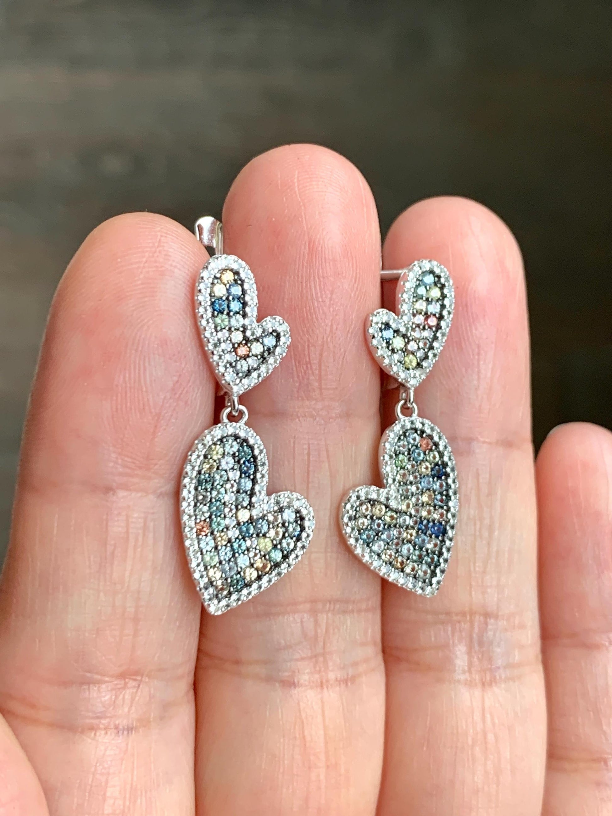 Natural Genuine Sapphire Multicolored Rainbow Sapphire Cluster Heart Dangle Earrings S925 Sterling Silver English Lock 4g 887-E